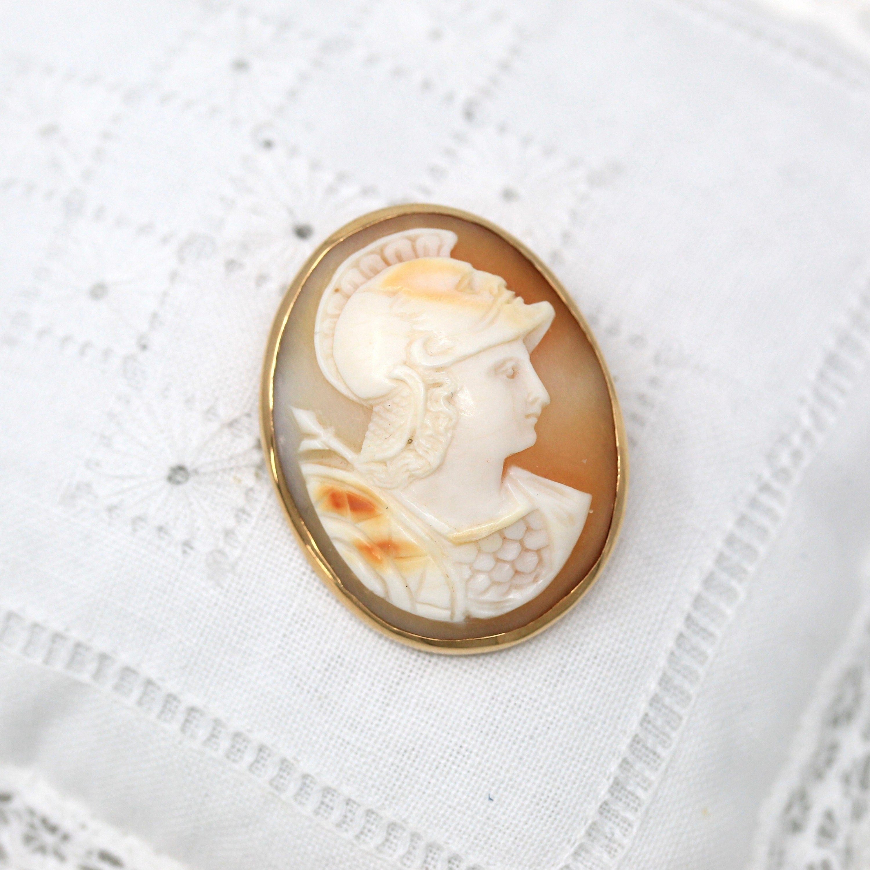 Antique Cameo Brooch - Edwardian 14k Yellow Gold Carved Shell Warrior Pin - Vintage Circa 1910s Era Fashion Accessory Fine Jewelry