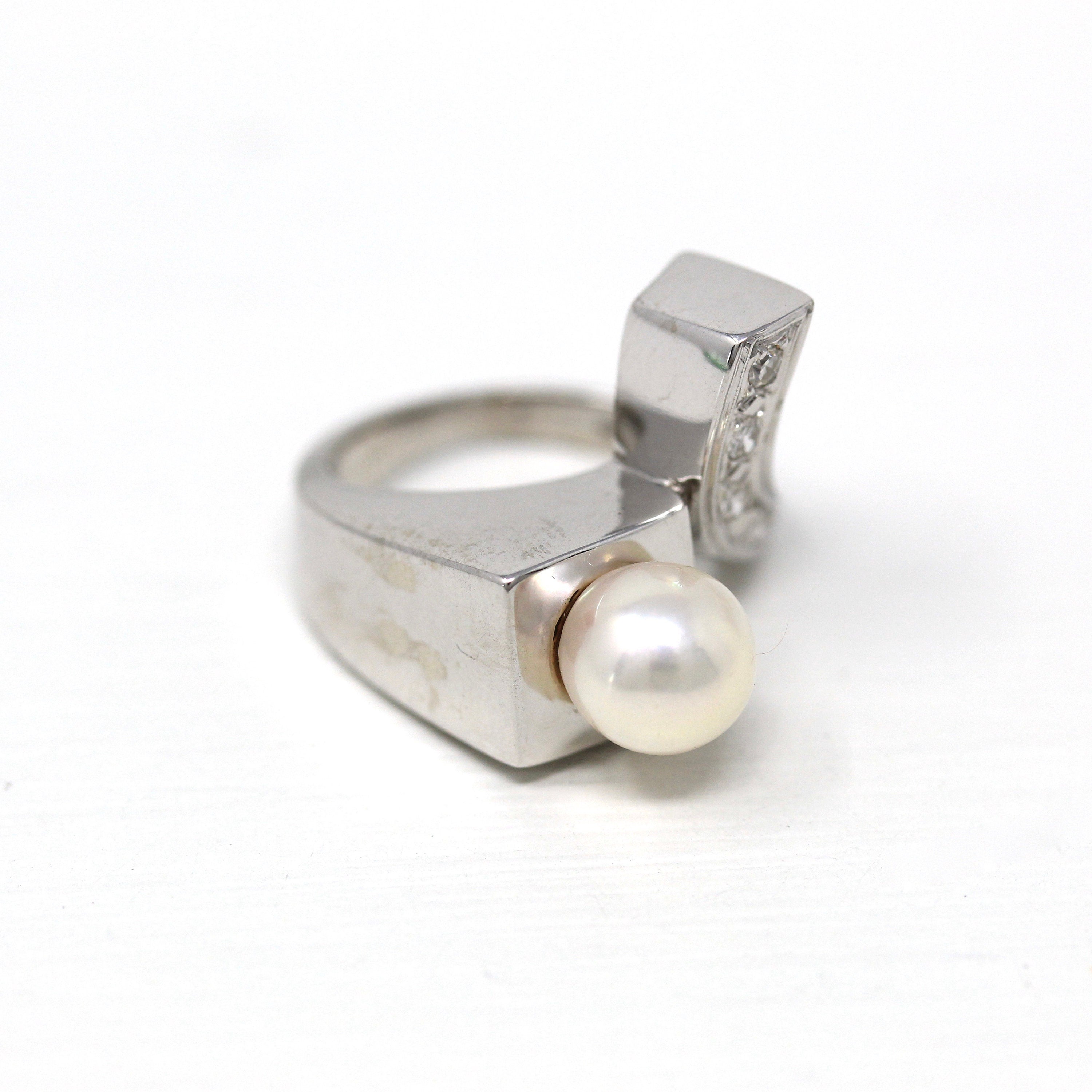 Mid Century Ring - Vintage 14k White Gold Cultured Pearl Genuine .12 CTW Diamond - 1950s Era Size 2 June Birthstone Modernist Fine Jewelry
