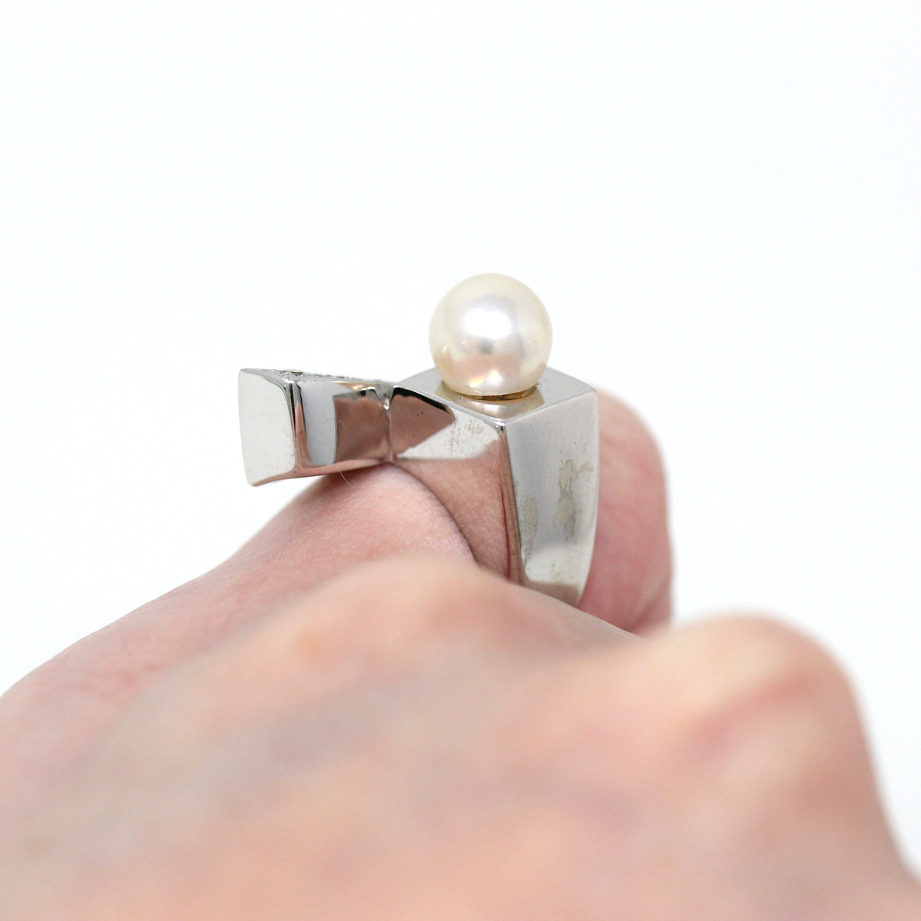 Mid Century Ring - Vintage 14k White Gold Cultured Pearl Genuine .12 CTW Diamond - 1950s Era Size 2 June Birthstone Modernist Fine Jewelry