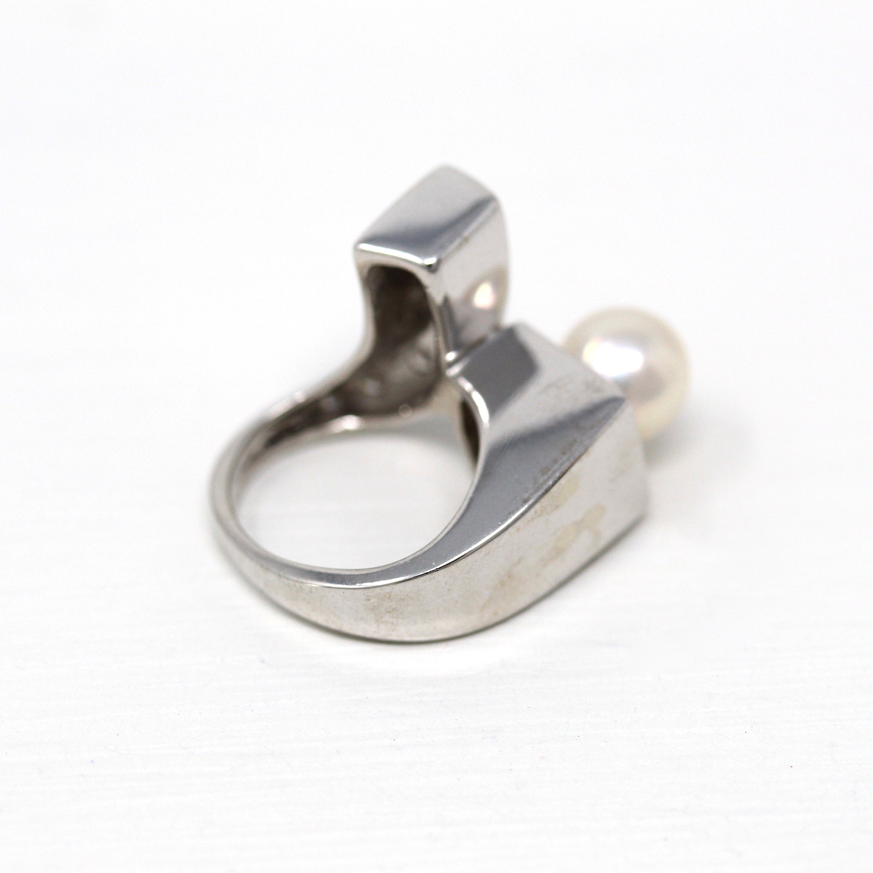 Mid Century Ring - Vintage 14k White Gold Cultured Pearl Genuine .12 CTW Diamond - 1950s Era Size 2 June Birthstone Modernist Fine Jewelry