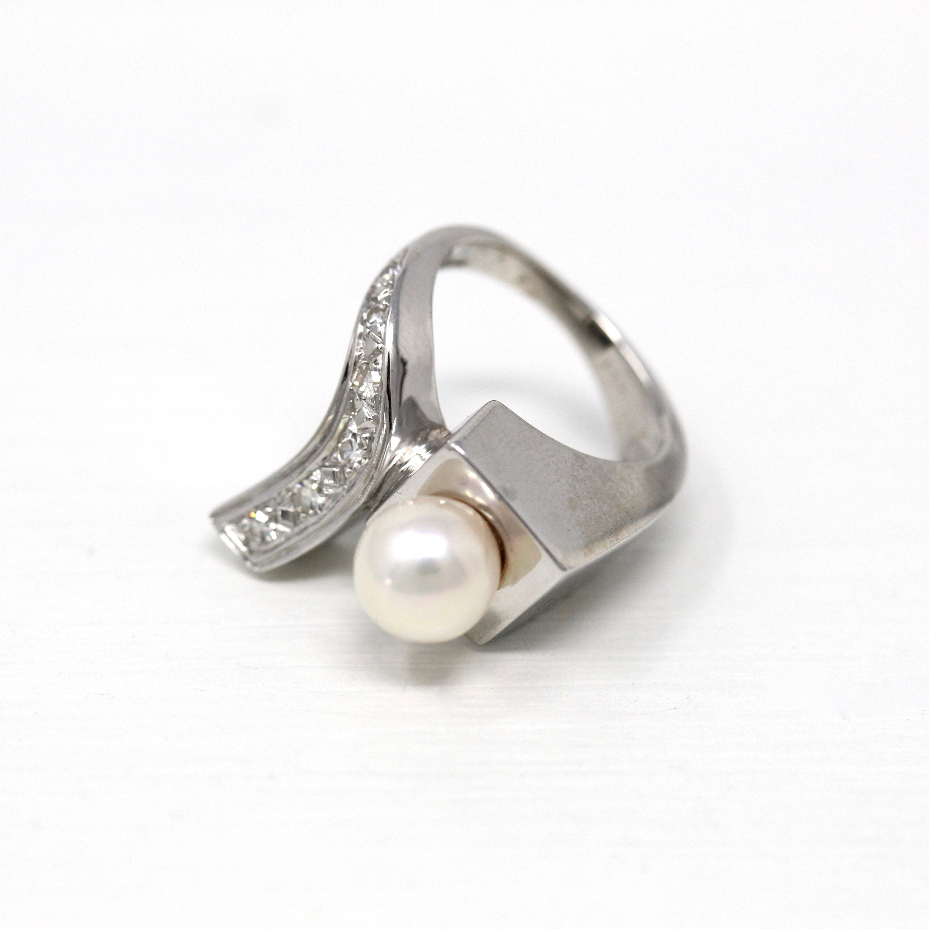 Mid Century Ring - Vintage 14k White Gold Cultured Pearl Genuine .12 CTW Diamond - 1950s Era Size 2 June Birthstone Modernist Fine Jewelry