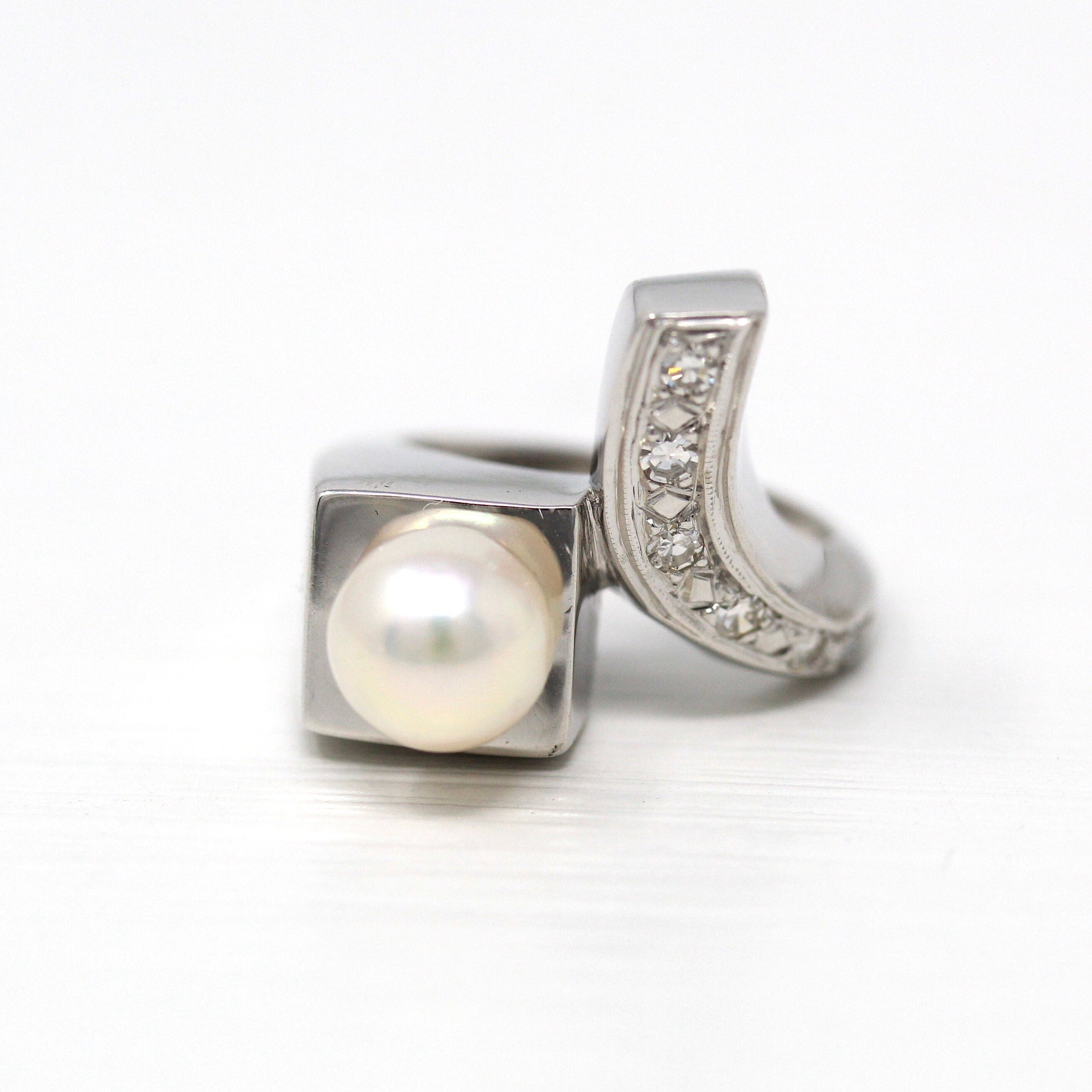 Mid Century Ring - Vintage 14k White Gold Cultured Pearl Genuine .12 CTW Diamond - 1950s Era Size 2 June Birthstone Modernist Fine Jewelry