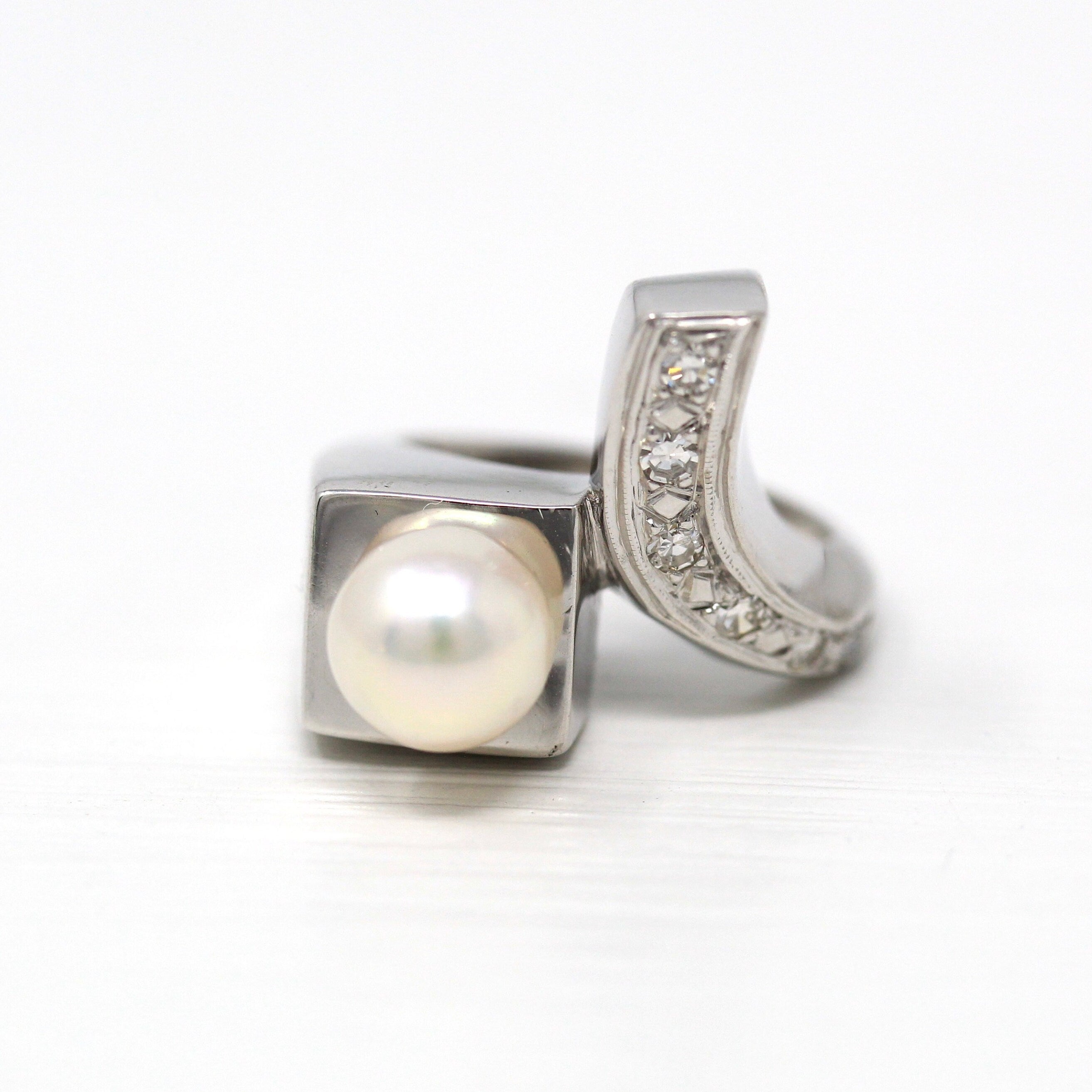 Mid Century Ring - Vintage 14k White Gold Cultured Pearl Genuine .12 CTW Diamond - 1950s Era Size 2 June Birthstone Modernist Fine Jewelry