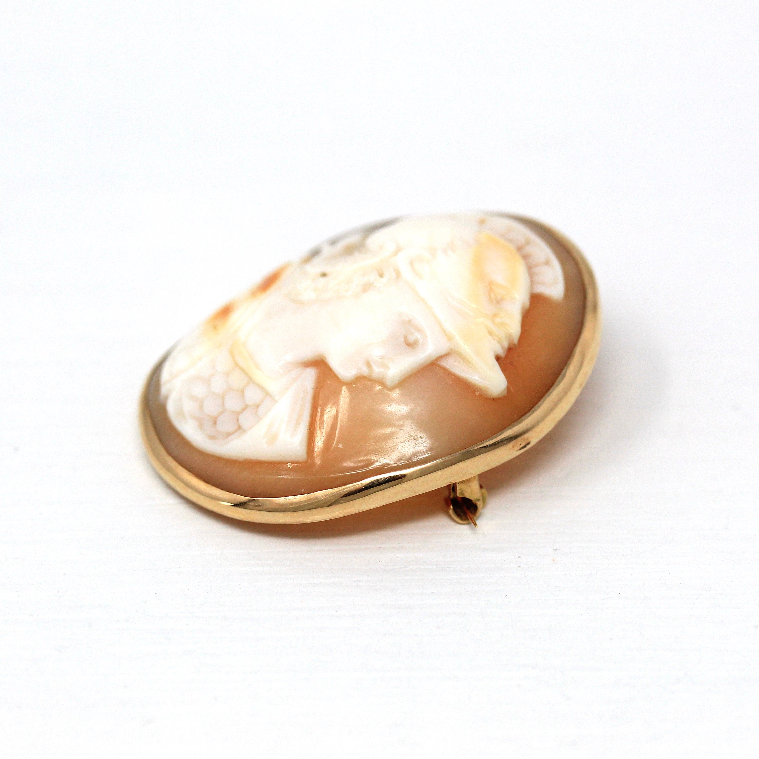 Antique Cameo Brooch - Edwardian 14k Yellow Gold Carved Shell Warrior Pin - Vintage Circa 1910s Era Fashion Accessory Fine Jewelry