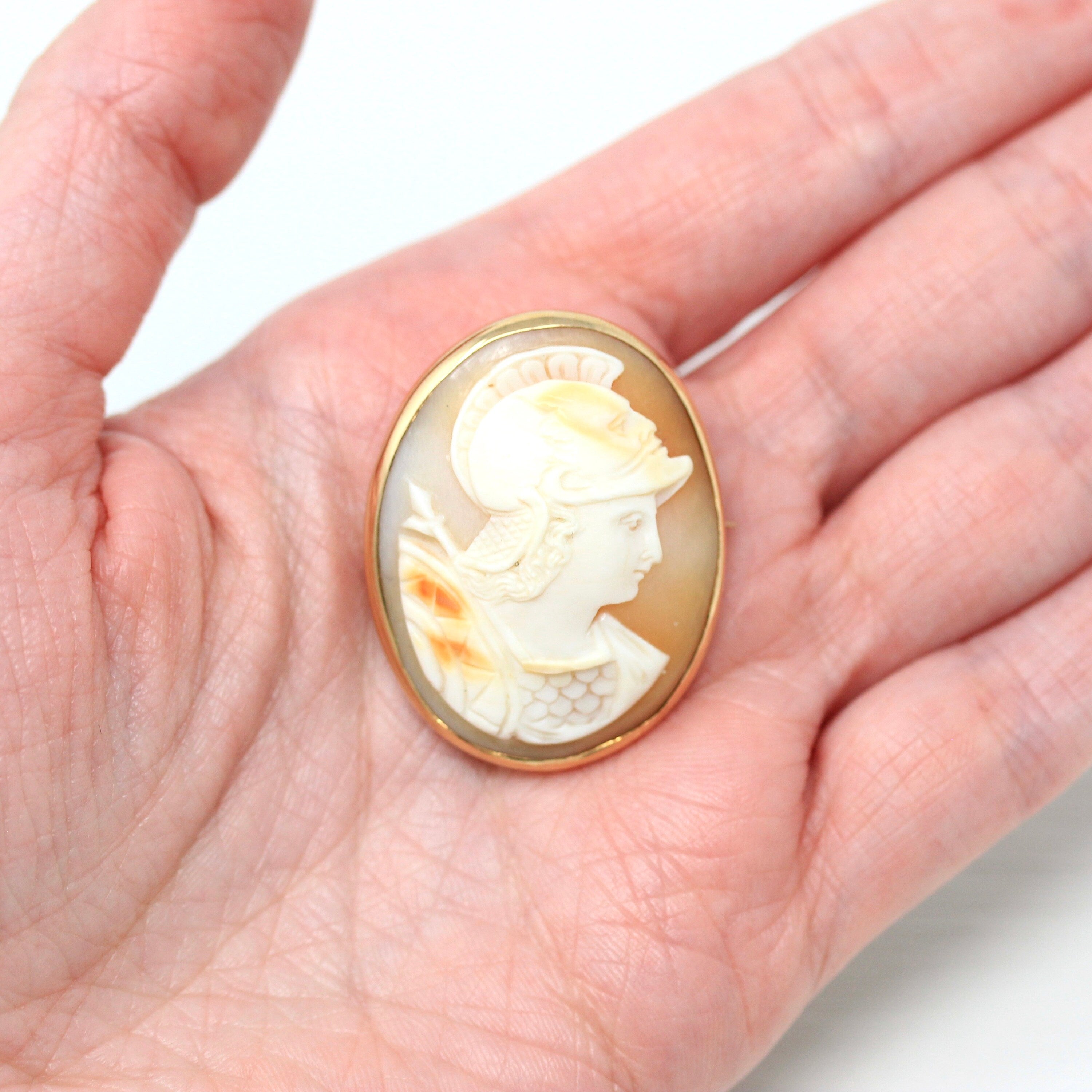 Antique Cameo Brooch - Edwardian 14k Yellow Gold Carved Shell Warrior Pin - Vintage Circa 1910s Era Fashion Accessory Fine Jewelry