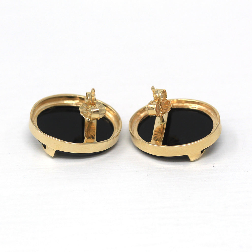 Diamond Onyx Earrings - Estate 14k Yellow Gold Oval Black Gemstone & Diamond Studs - Circa 1980s Era Pierced Push Back Style Fine Jewelry