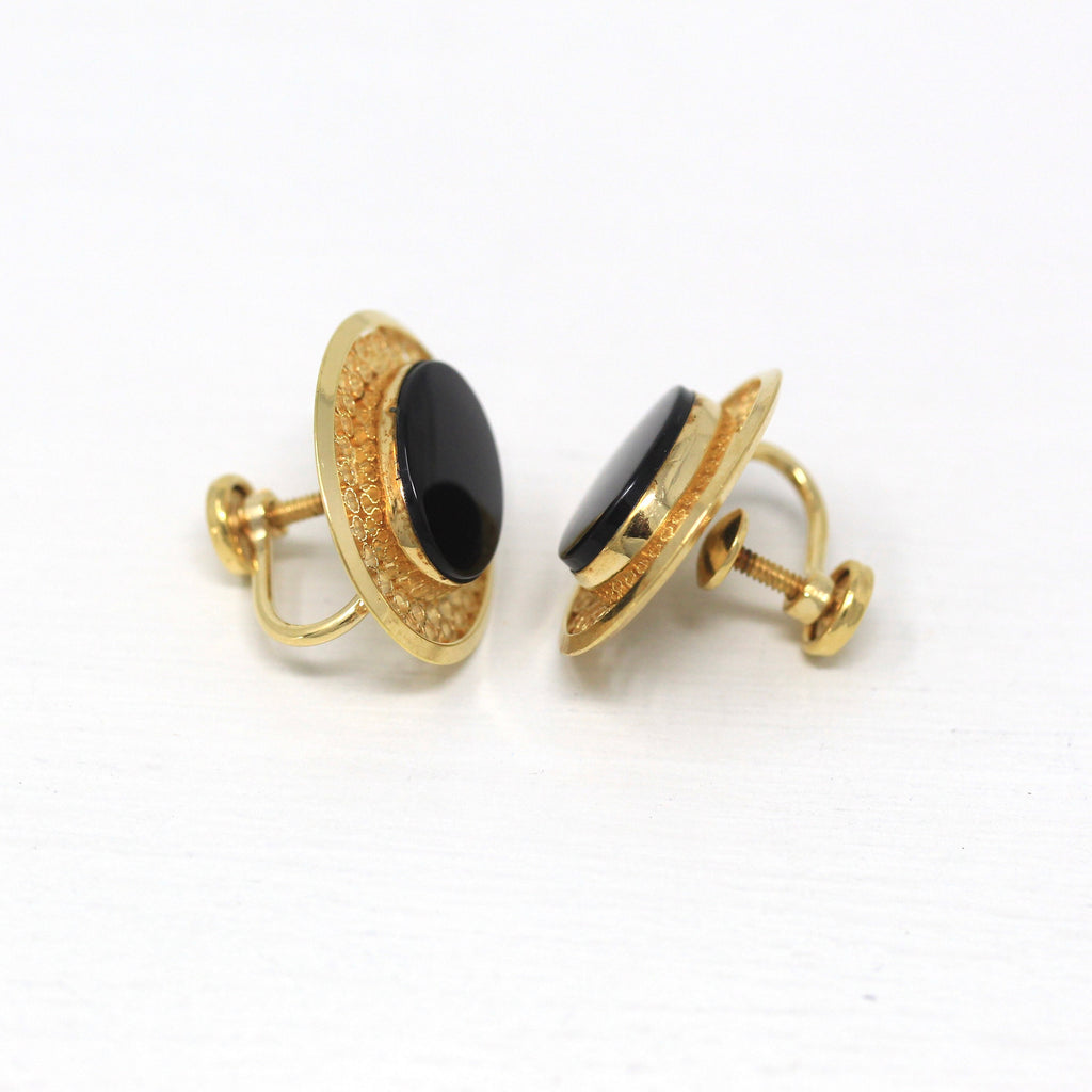 Vintage Onyx Earrings - Retro 12k Gold Filled Oval Genuine Black Gemstones Screw Backs - Circa 1940s Era Fashion Accessory Danecraft Jewelry
