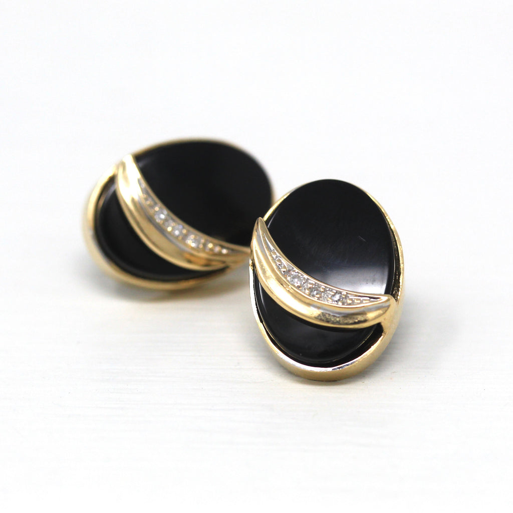 Diamond Onyx Earrings - Estate 14k Yellow Gold Oval Black Gemstone & Diamond Studs - Circa 1980s Era Pierced Push Back Style Fine Jewelry