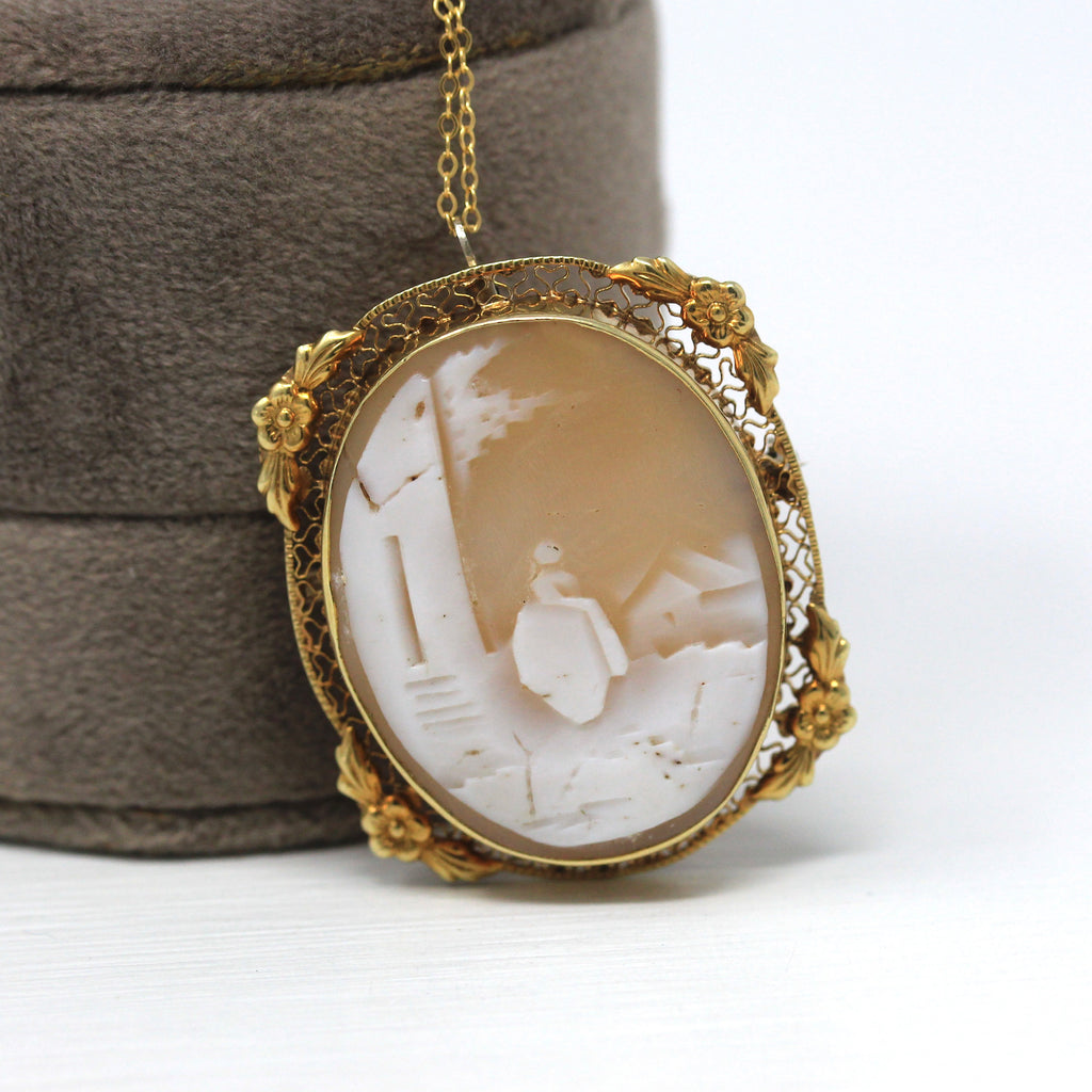 Sale - Vintage Cameo Pendant - Retro 14k Yellow Gold Carved Shell Brooch Pin Necklace - Circa 1940s Era "Rebecca At The Well" Bible Jewelry