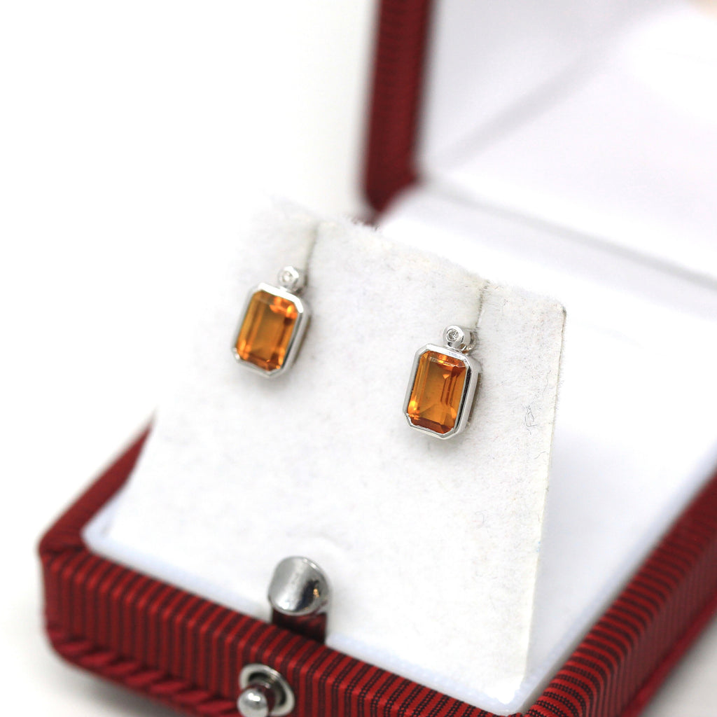 Sale - Citrine & Diamond Earrings - Modern 10k White Gold Emerald Cut .98 CTW Gems - Estate Circa 2000s Era November Birthstone Fine Jewelry