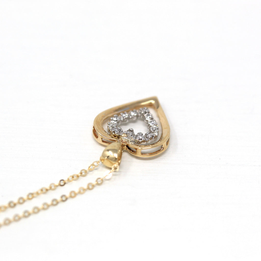 Sale - Vintage Heart Pendant - Retro 14k Yellow Gold Two Tone Single Cut Diamonds Necklace Charm - Circa 1970s Era Dainty Fine Love Jewelry