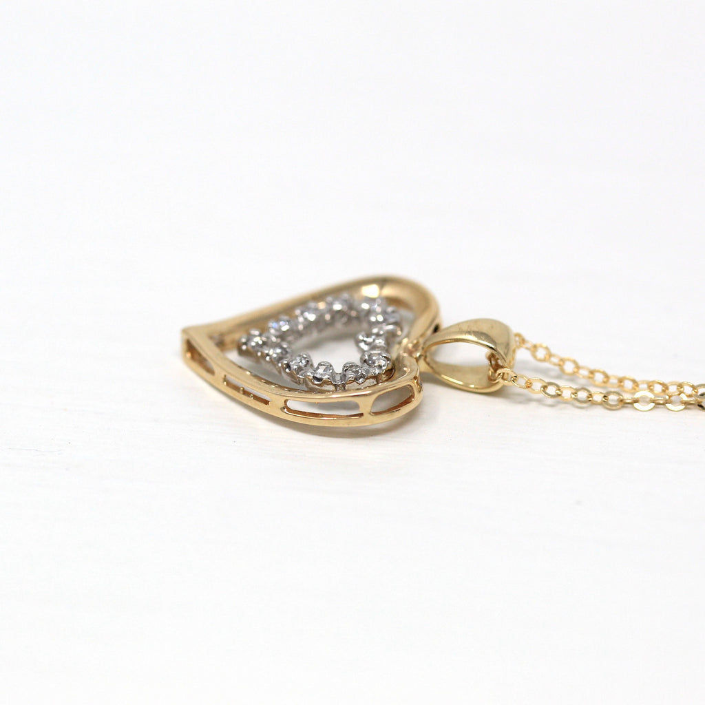 Sale - Vintage Heart Pendant - Retro 14k Yellow Gold Two Tone Single Cut Diamonds Necklace Charm - Circa 1970s Era Dainty Fine Love Jewelry