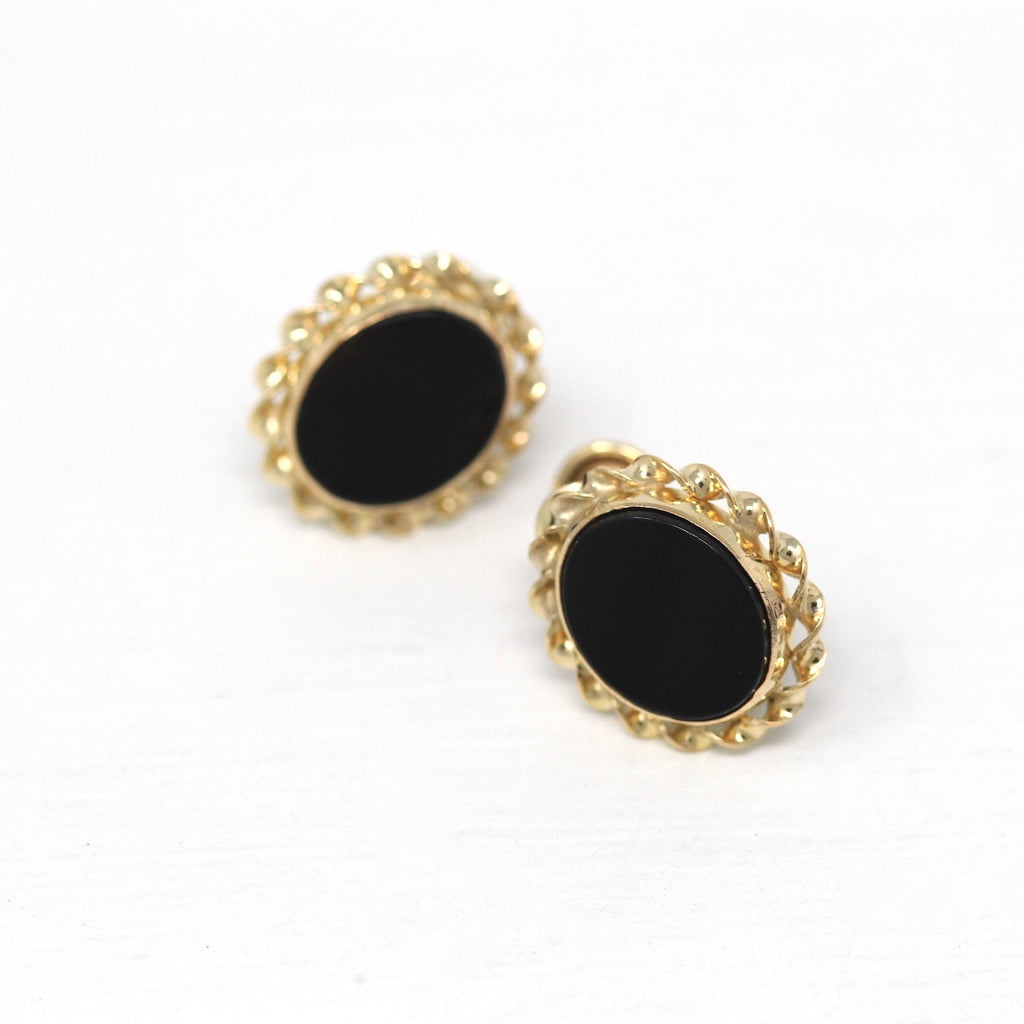 Vintage Onyx Earrings - Retro 12k Gold Filled Oval Genuine Black Gemstones Screw Backs - Circa 1960s Era Fashion Accessory Curtis Jewelry