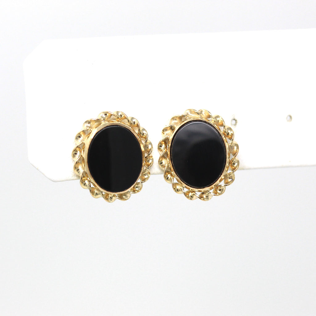 Vintage Onyx Earrings - Retro 12k Gold Filled Oval Genuine Black Gemstones Screw Backs - Circa 1960s Era Fashion Accessory Curtis Jewelry