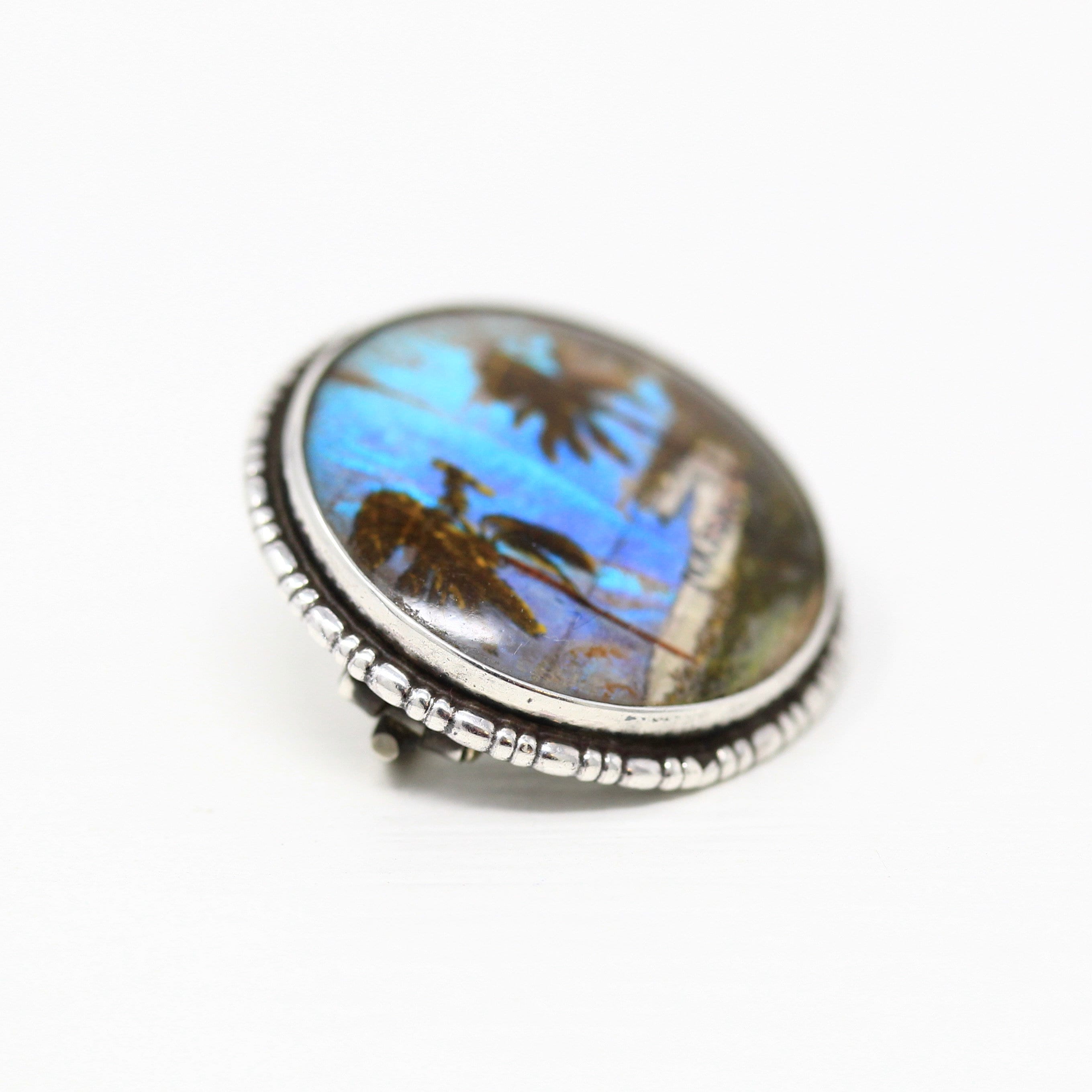 Morpho Butterfly Brooch - Art Deco Sterling Silver Blue Iridescent Wing Pin - Circa 1920s Era Patent 1923 Nassau Bahamas Souvenir Jewelry