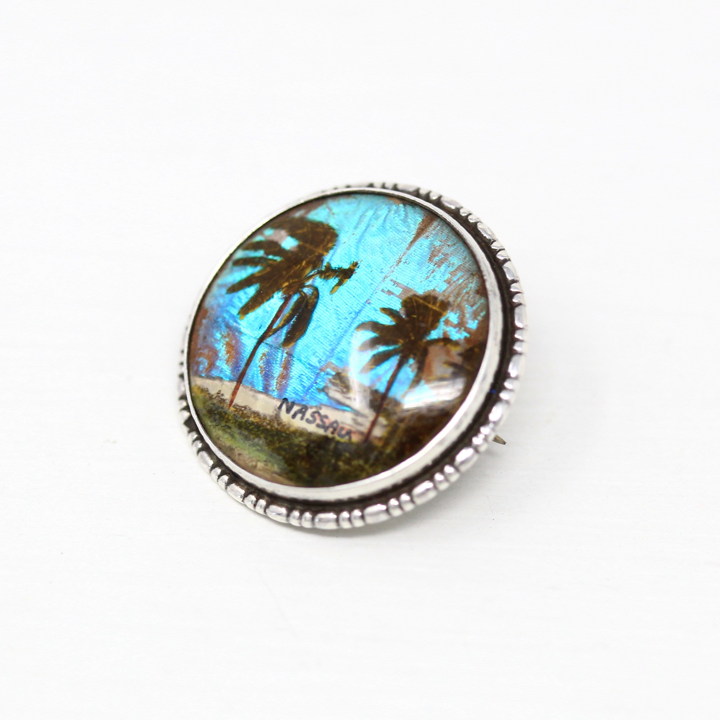 Morpho Butterfly Brooch - Art Deco Sterling Silver Blue Iridescent Wing Pin - Circa 1920s Era Patent 1923 Nassau Bahamas Souvenir Jewelry