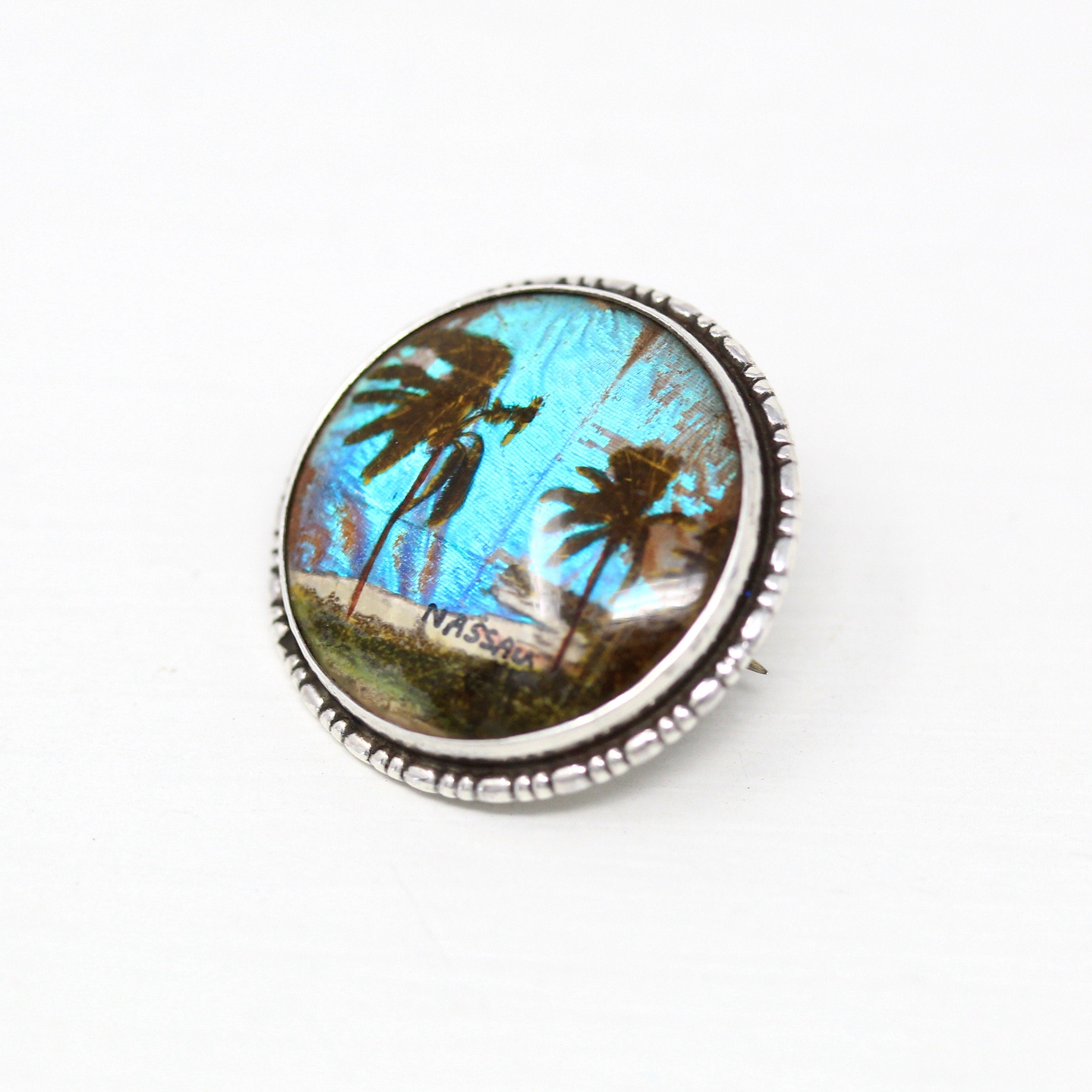 Morpho Butterfly Brooch - Art Deco Sterling Silver Blue Iridescent Wing Pin - Circa 1920s Era Patent 1923 Nassau Bahamas Souvenir Jewelry