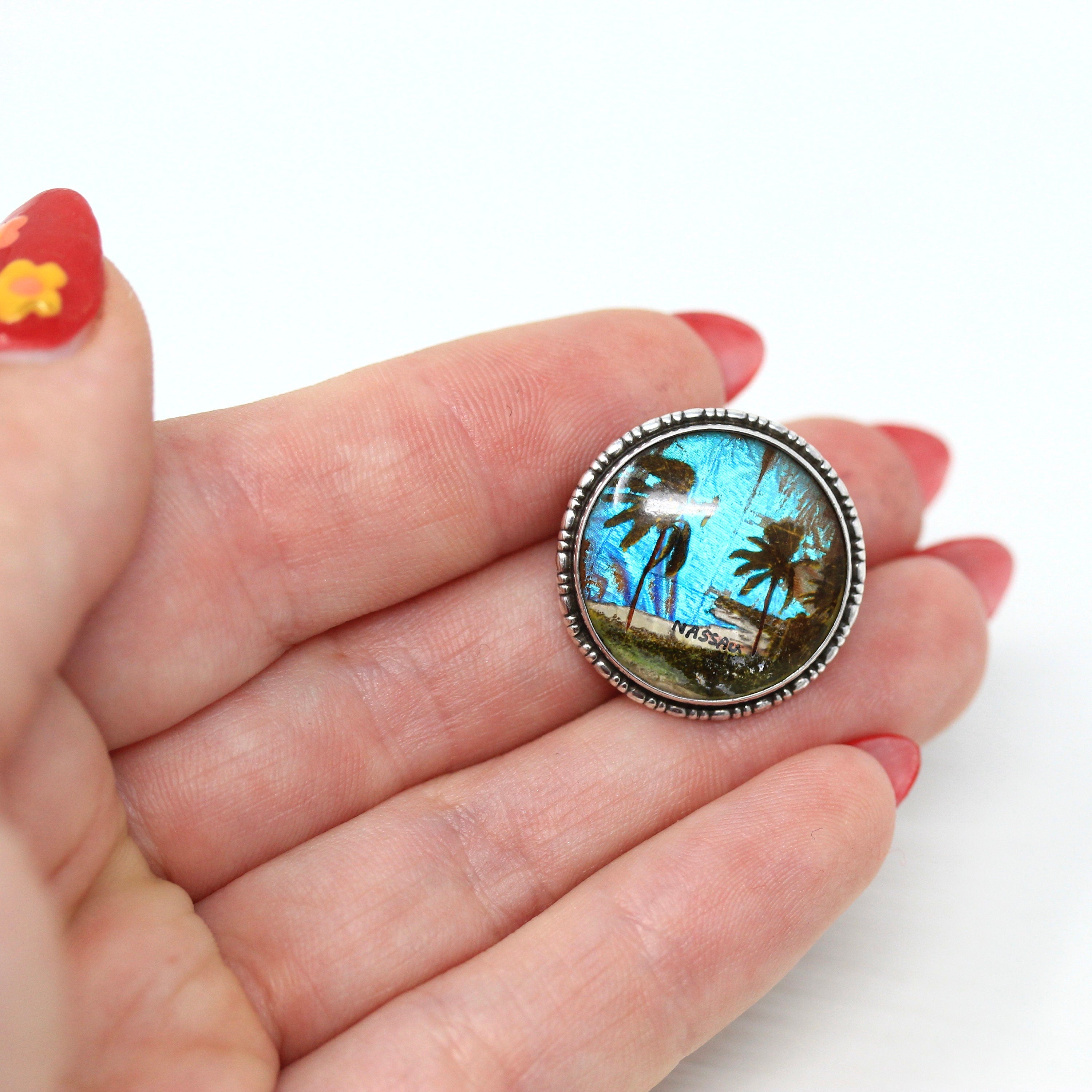 Morpho Butterfly Brooch - Art Deco Sterling Silver Blue Iridescent Wing Pin - Circa 1920s Era Patent 1923 Nassau Bahamas Souvenir Jewelry