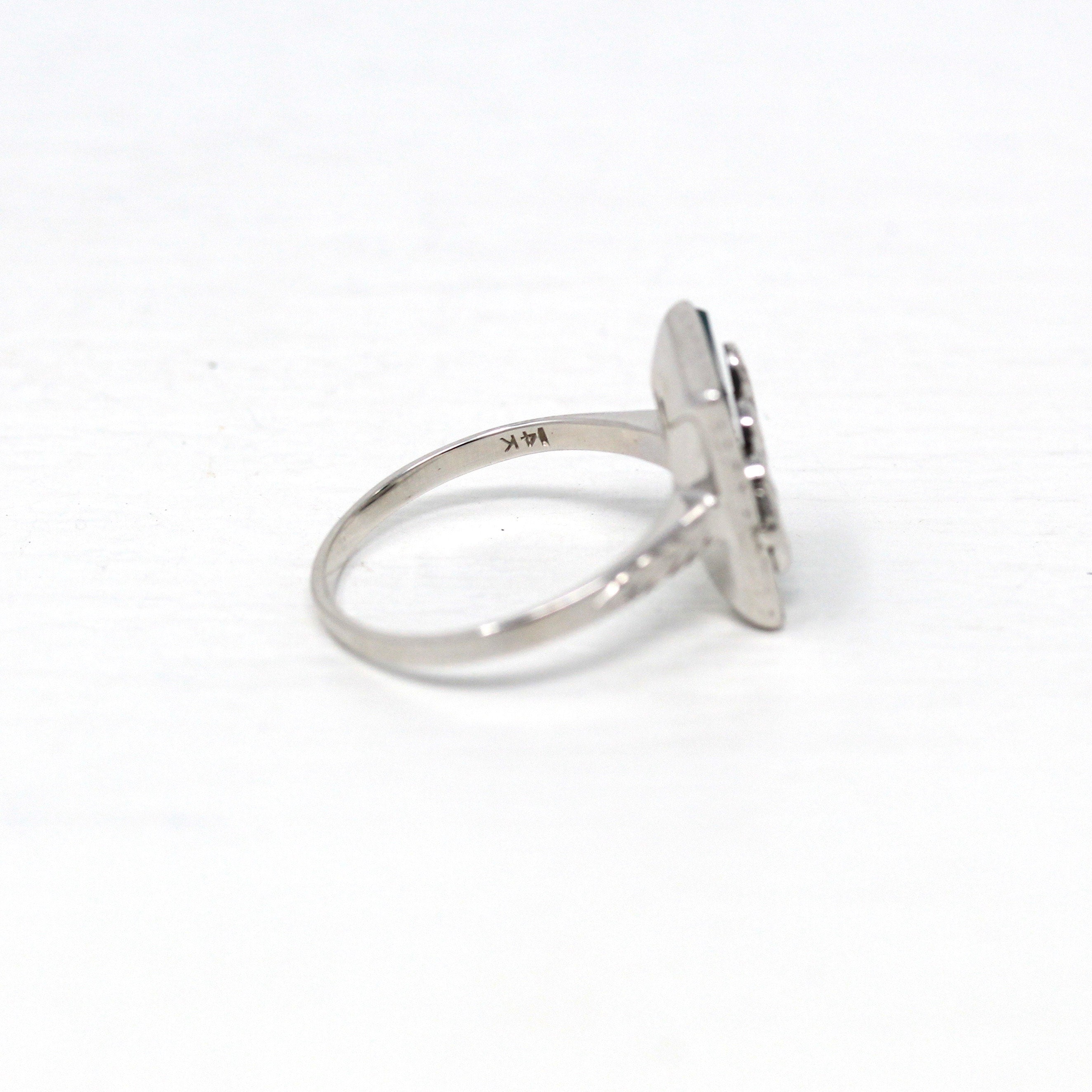 Dated 1923 Ring - Art Deco 14k White Gold Green Chalcedony Genuine Gem - Antique Size 7 1/2 Statement Wheat Shoulder Designs Fine Jewelry