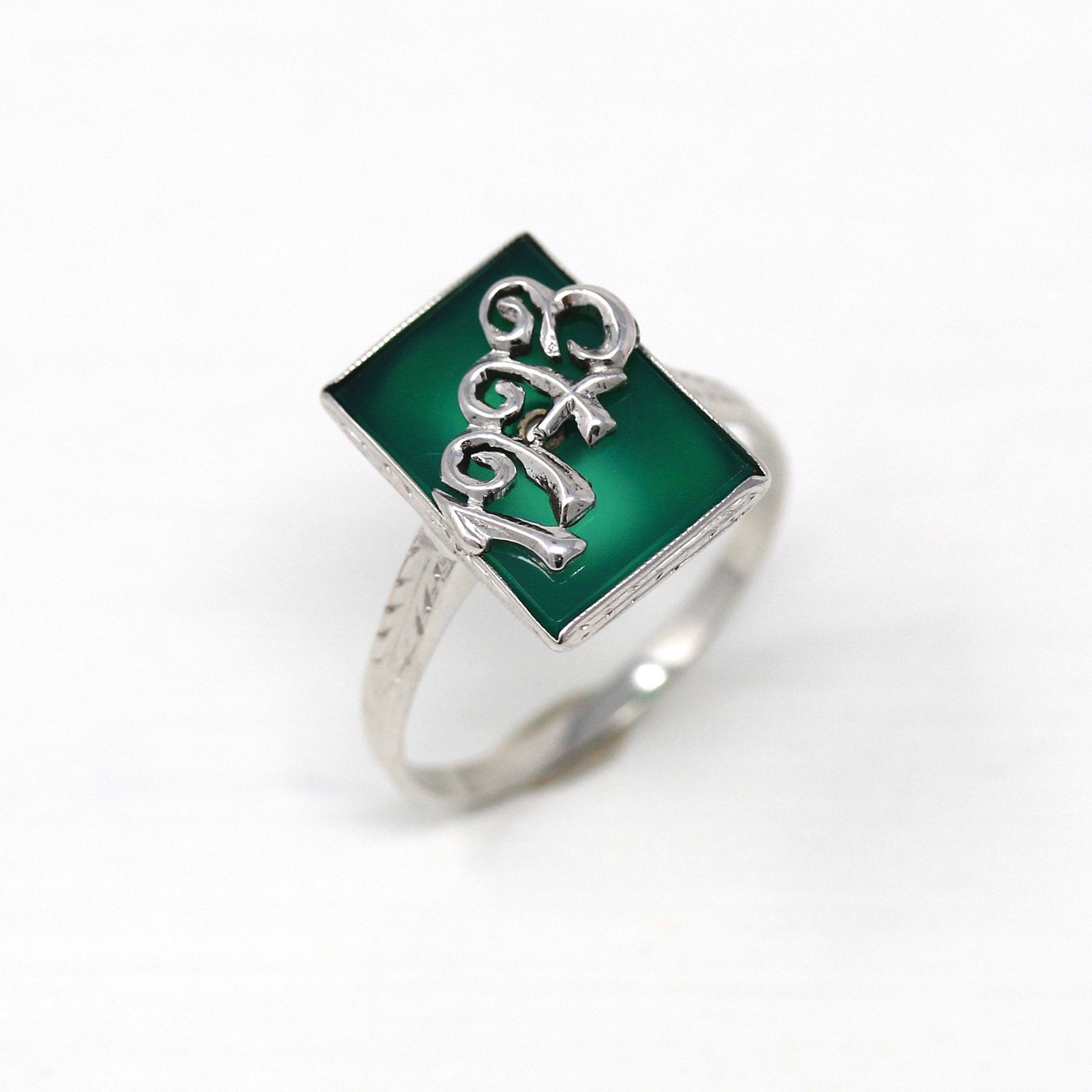 Dated 1923 Ring - Art Deco 14k White Gold Green Chalcedony Genuine Gem - Antique Size 7 1/2 Statement Wheat Shoulder Designs Fine Jewelry