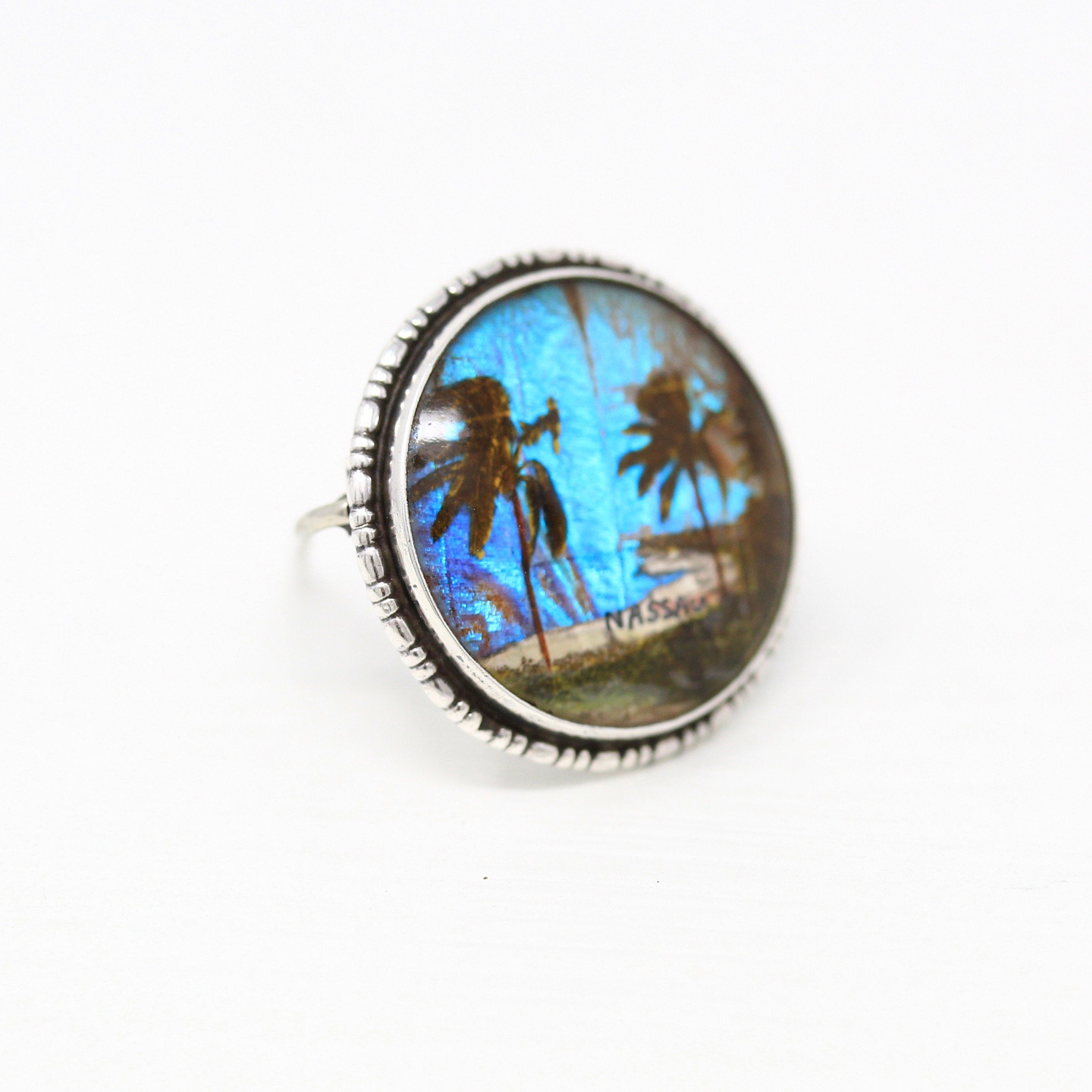 Morpho Butterfly Brooch - Art Deco Sterling Silver Blue Iridescent Wing Pin - Circa 1920s Era Patent 1923 Nassau Bahamas Souvenir Jewelry