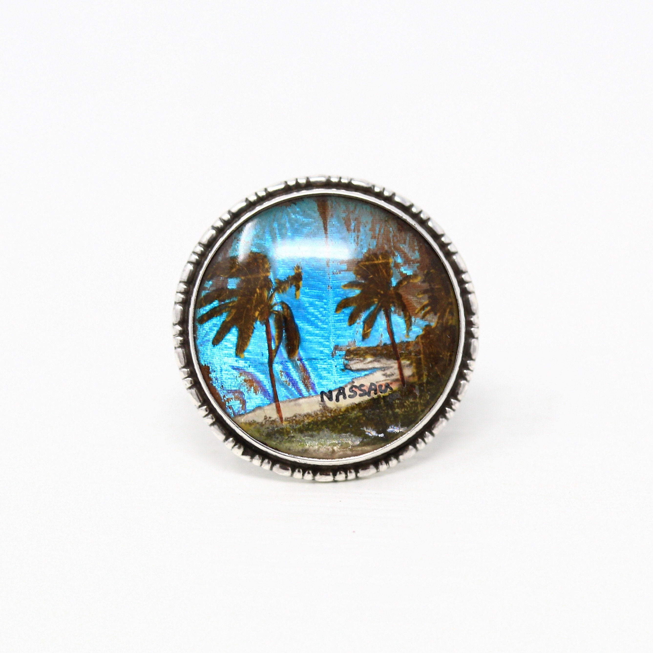 Morpho Butterfly Brooch - Art Deco Sterling Silver Blue Iridescent Wing Pin - Circa 1920s Era Patent 1923 Nassau Bahamas Souvenir Jewelry