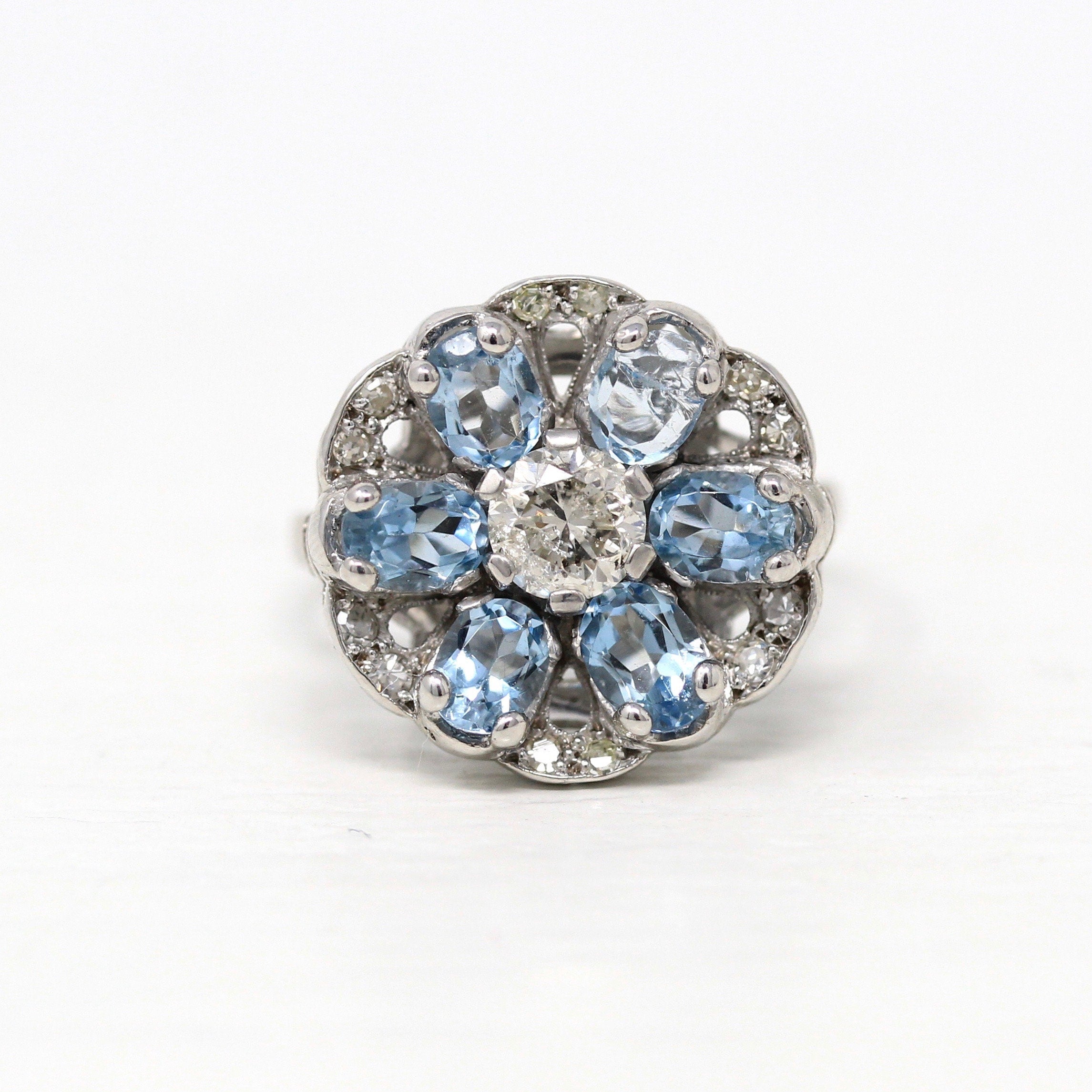 Floral Gemstone Cocktail Ring - Mid Century Era Genuine Diamond & Aquamarine Gems - Circa 1950s Era Statement Flower Fine Jewelry 50s Report