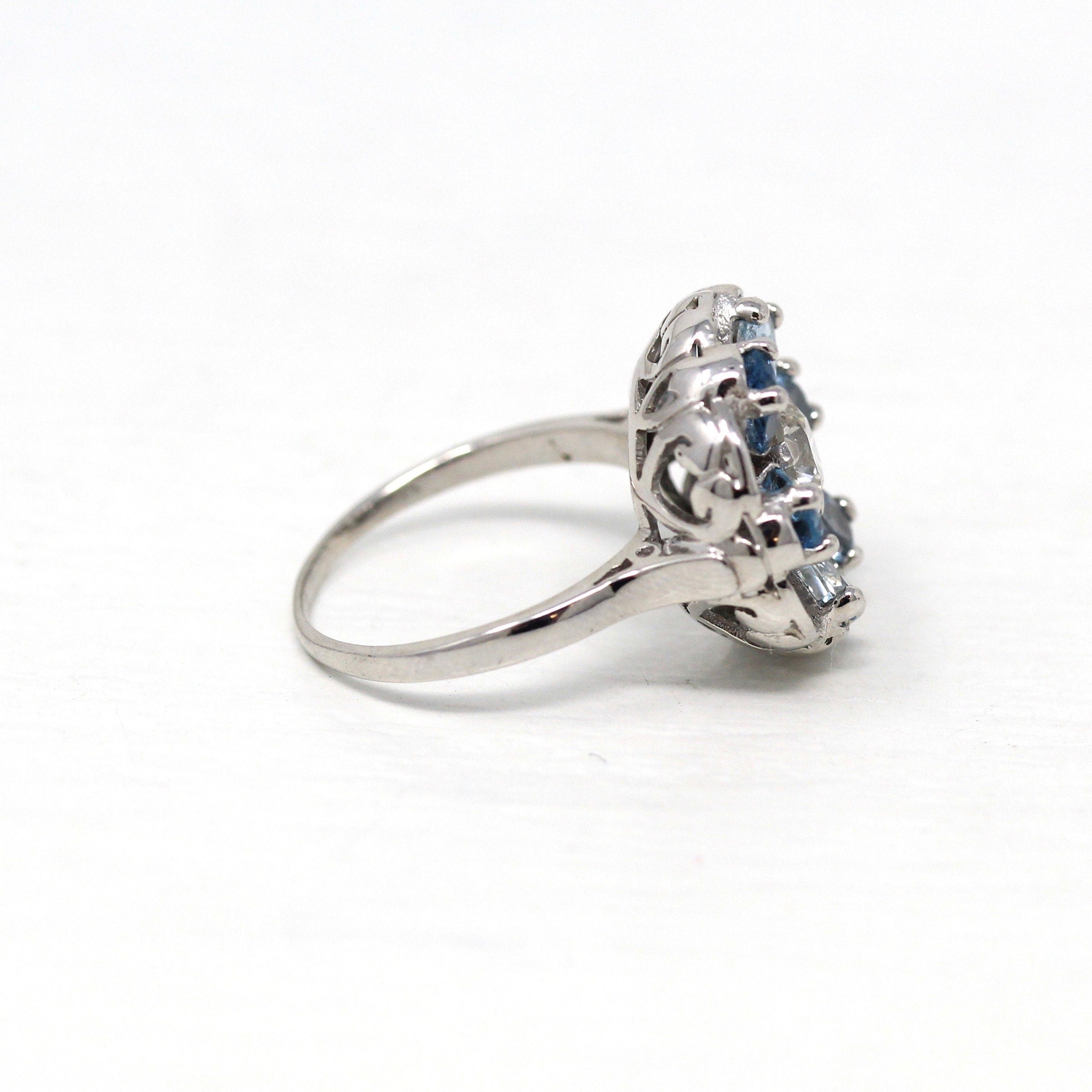 Floral Gemstone Cocktail Ring - Mid Century Era Genuine Diamond & Aquamarine Gems - Circa 1950s Era Statement Flower Fine Jewelry 50s Report