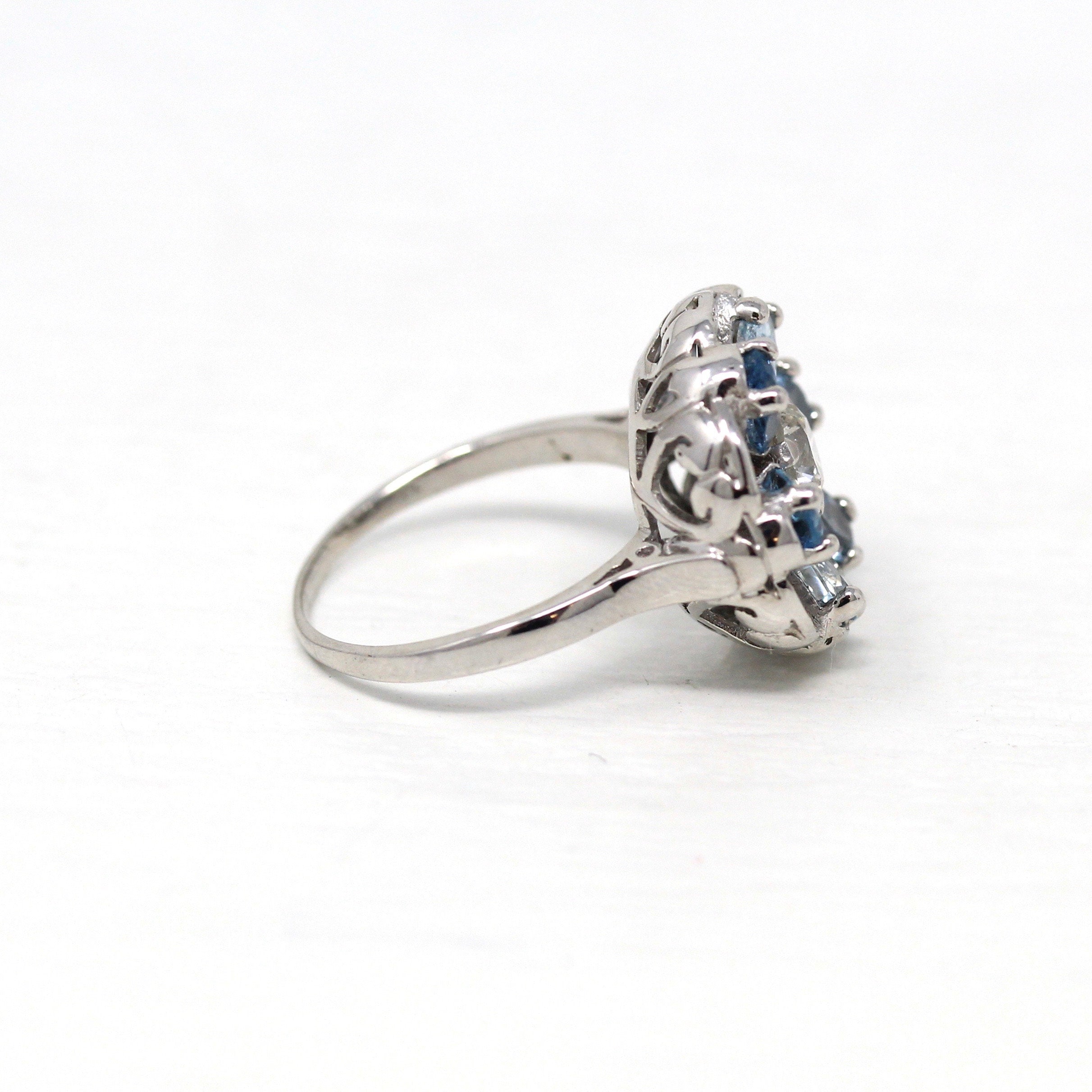 Floral Gemstone Cocktail Ring - Mid Century Era Genuine Diamond & Aquamarine Gems - Circa 1950s Era Statement Flower Fine Jewelry 50s Report