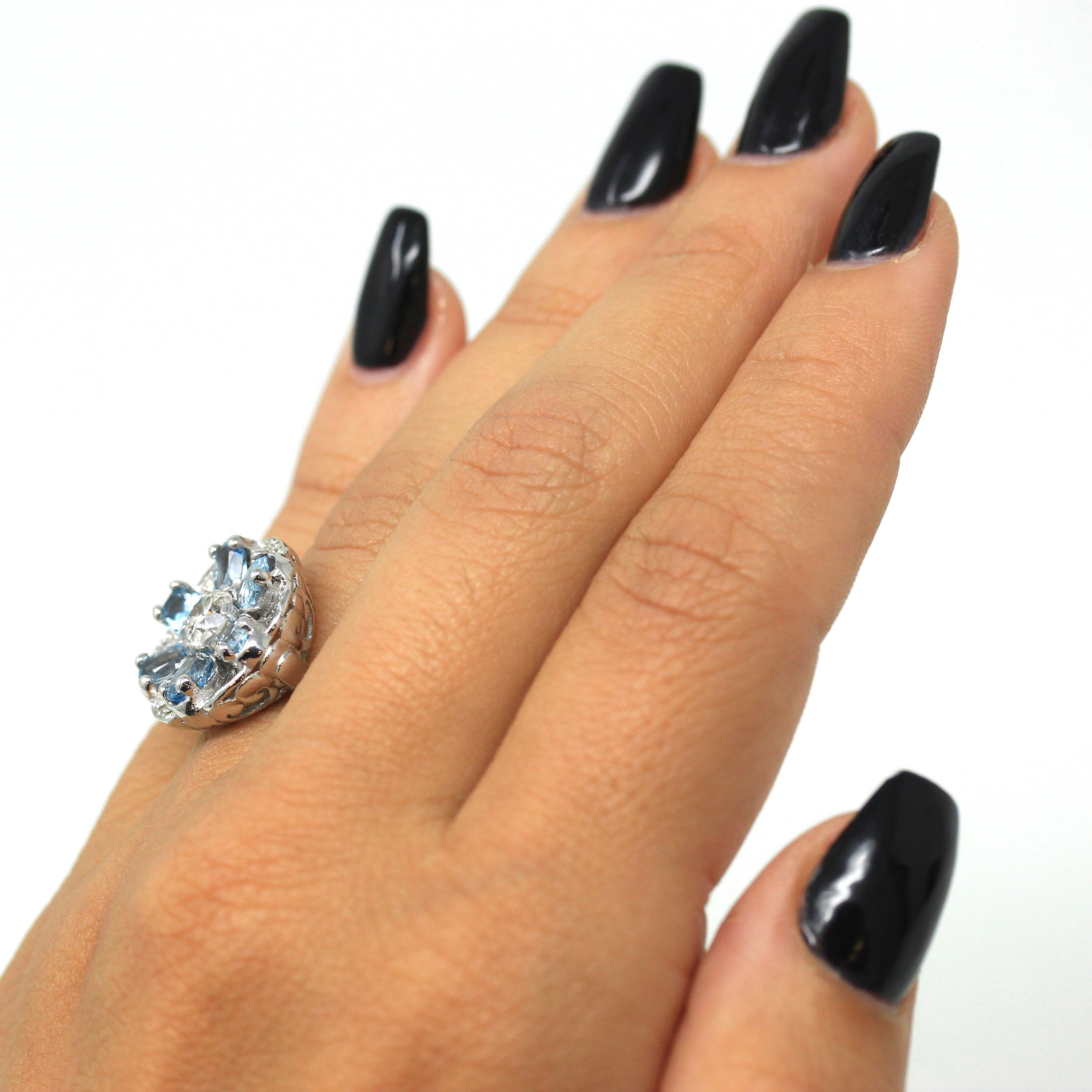 Floral Gemstone Cocktail Ring - Mid Century Era Genuine Diamond & Aquamarine Gems - Circa 1950s Era Statement Flower Fine Jewelry 50s Report