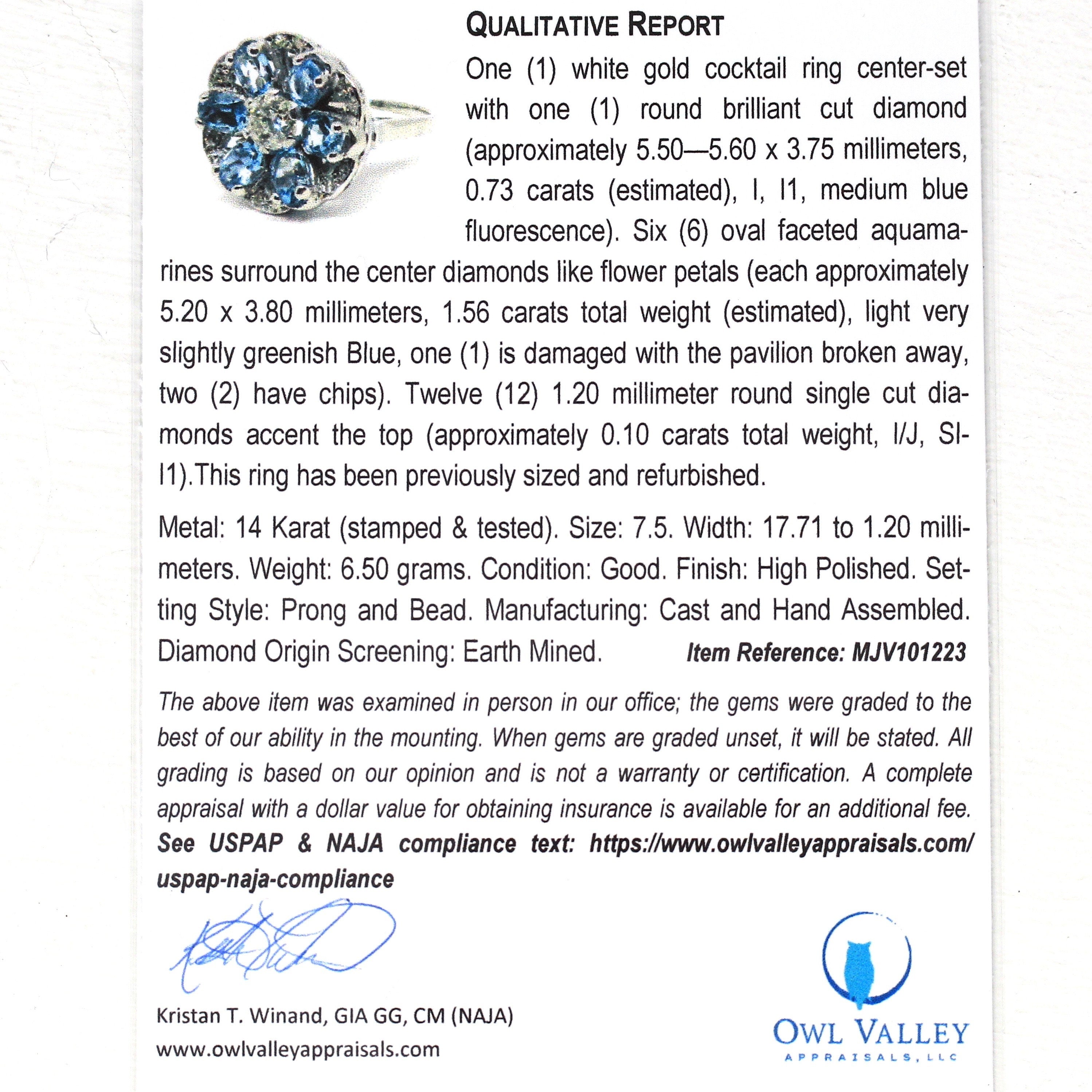 Floral Gemstone Cocktail Ring - Mid Century Era Genuine Diamond & Aquamarine Gems - Circa 1950s Era Statement Flower Fine Jewelry 50s Report