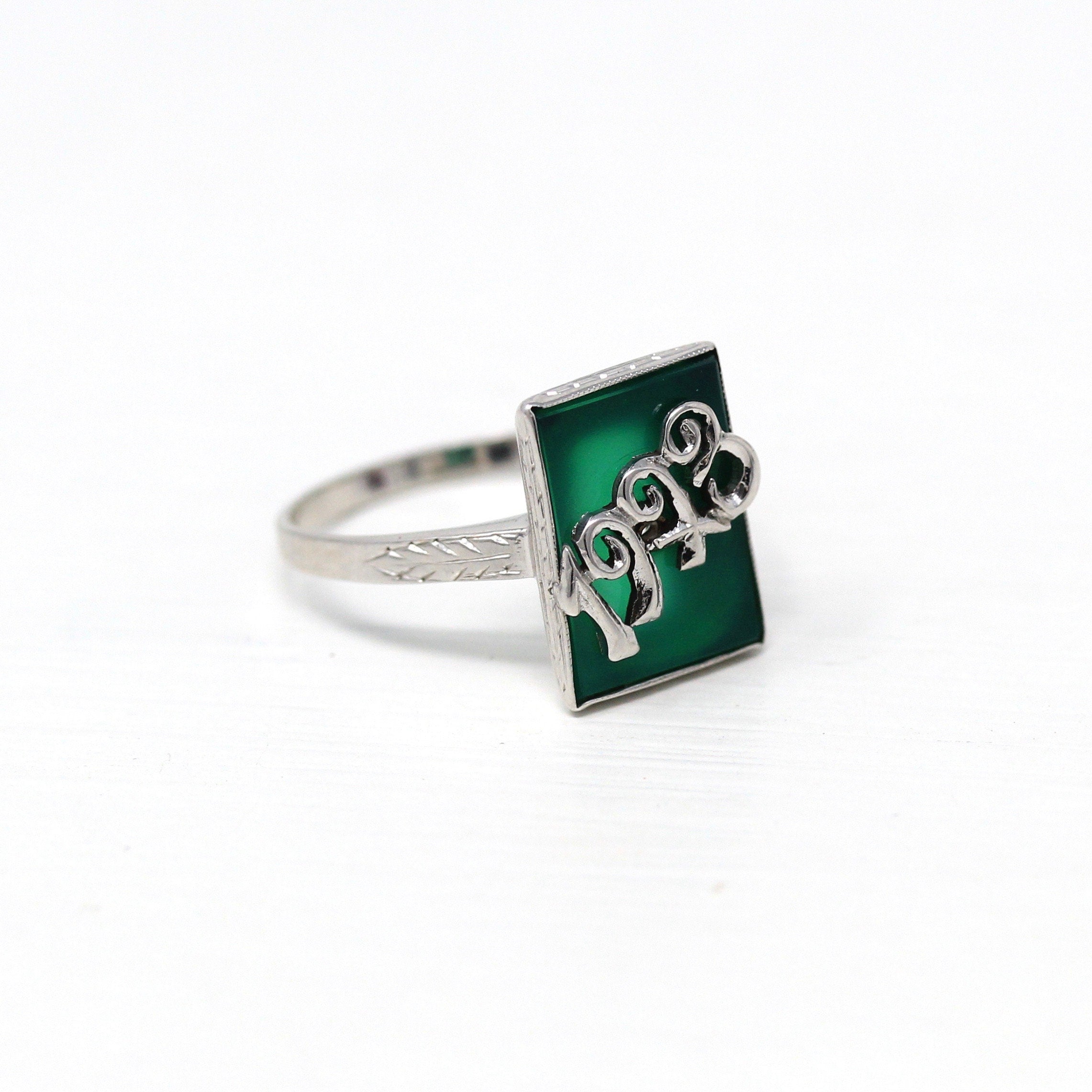 Dated 1923 Ring - Art Deco 14k White Gold Green Chalcedony Genuine Gem - Antique Size 7 1/2 Statement Wheat Shoulder Designs Fine Jewelry