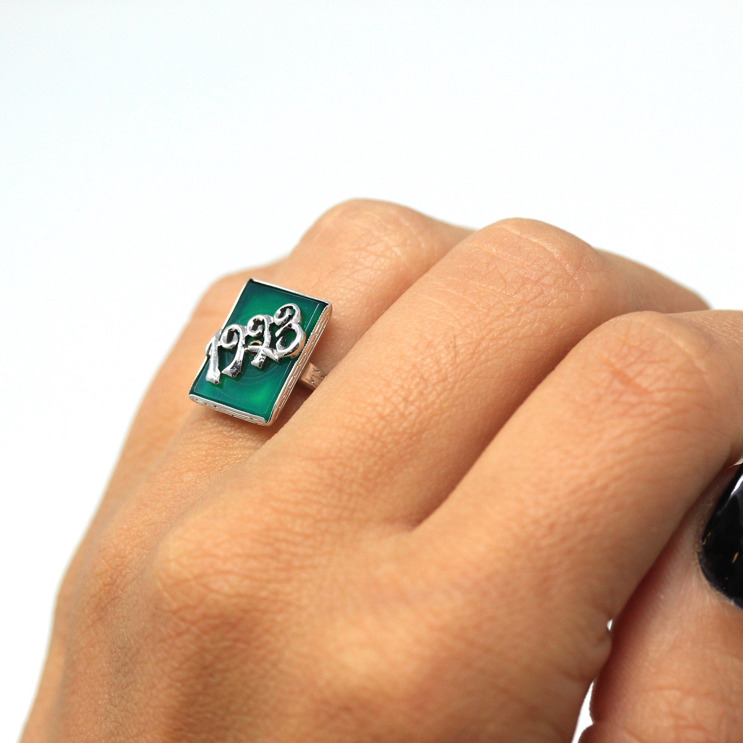 Dated 1923 Ring - Art Deco 14k White Gold Green Chalcedony Genuine Gem - Antique Size 7 1/2 Statement Wheat Shoulder Designs Fine Jewelry