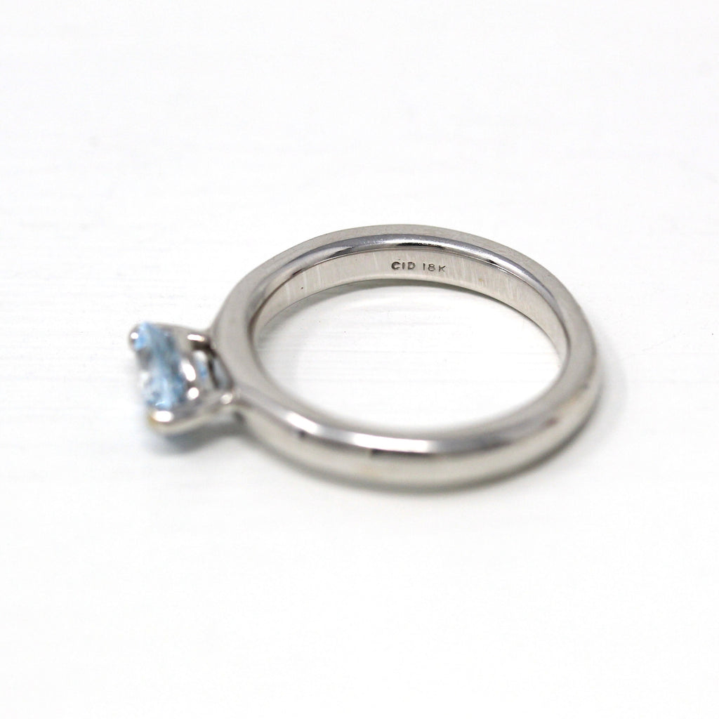 Estate Aquamarine Ring - Modern 18k White Gold Genuine Blue .8 CT Gemstone Clyde Duneier - Size 7 Modern Circa 2000s Engagement Fine Jewelry