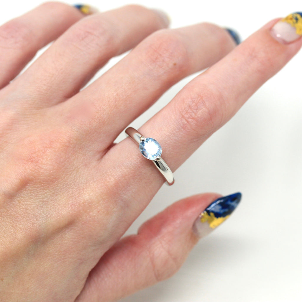Estate Aquamarine Ring - Modern 18k White Gold Genuine Blue .8 CT Gemstone Clyde Duneier - Size 7 Modern Circa 2000s Engagement Fine Jewelry