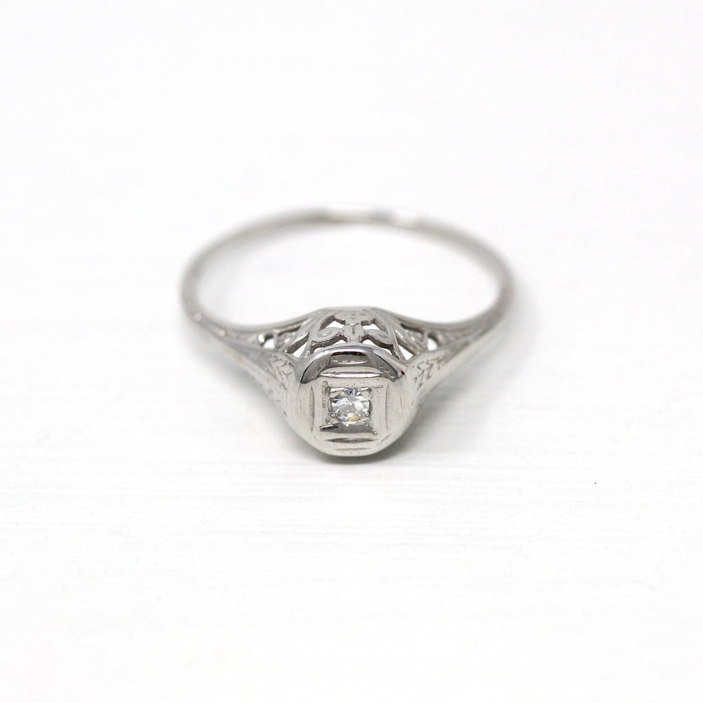 Sale - Genuine Diamond Ring - Art Deco Era 14k White Gold Genuine .01 CT Gem - Antique Circa 1920s Size 5.5 Filigree Wheat Fine 20s Jewelry