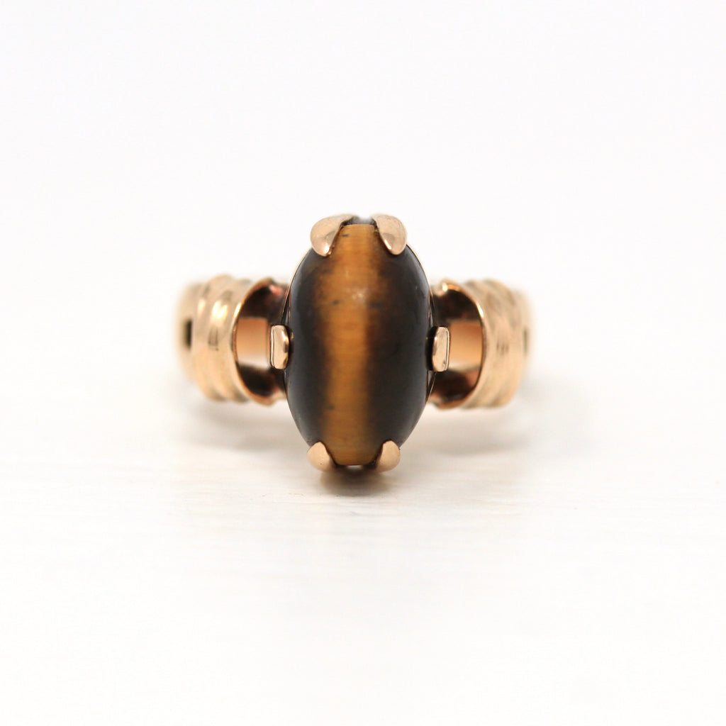 Tiger's Eye Ring - Victorian 14k Rose Gold Oval Cabochon Cut Gemstone - Antique Circa 1890's Era Size 6 3/4 Statement Fine Unisex Jewelry