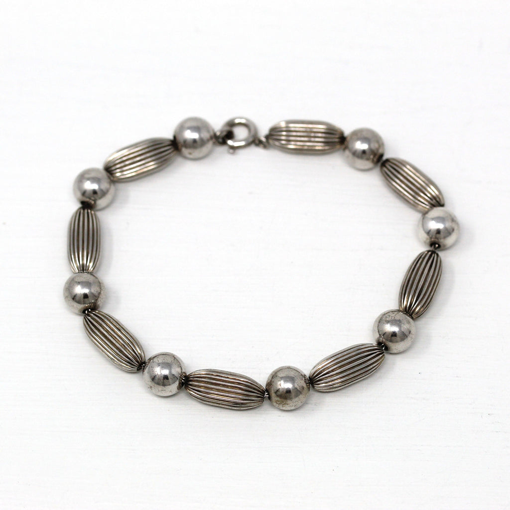 Vintage Bead Bracelet - Retro Sterling Silver Round Tube Beads Beaded Spring Ring Clasp - Circa 1960s Era Fashion Accessory 60s Jewelry