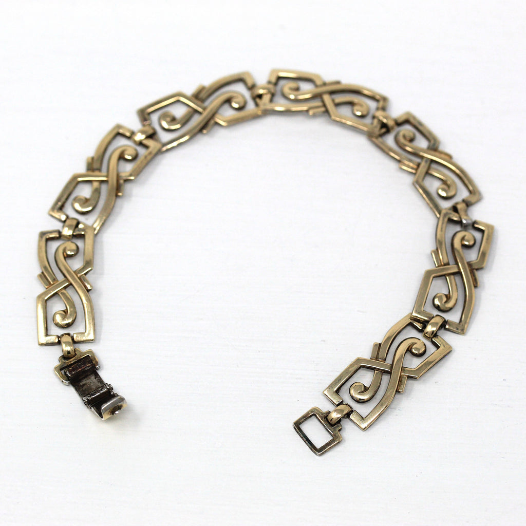 Vintage Panel Bracelet - Retro 14k Gold Filled On Sterling Silver Fold Over Clasp - Circa 1940s Era Fashion Accessory Symmetalic 40s Jewelry