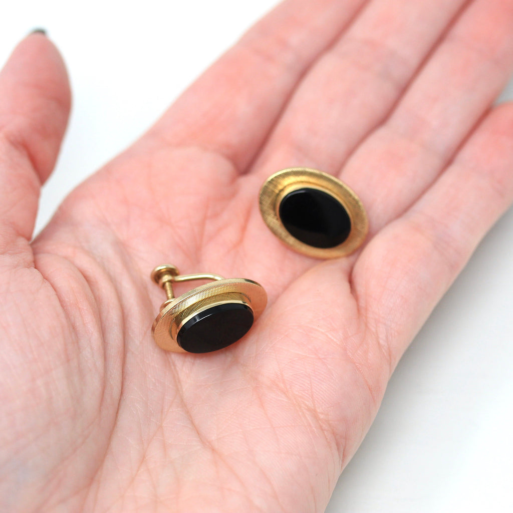 Vintage Onyx Earrings - Retro 12k Gold Filled Oval Genuine Black Gemstones Screw Back - Circa 1940s Era Fashion Accessories Van Dell Jewelry
