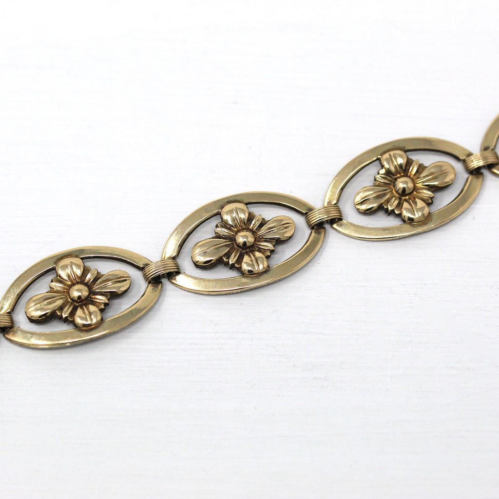 Vintage Flower Bracelet - Retro 14k Gold Filled On Sterling Silver Fold Over Clasp - Circa 1940s Era Fashion Accessory Symmetalic Jewelry