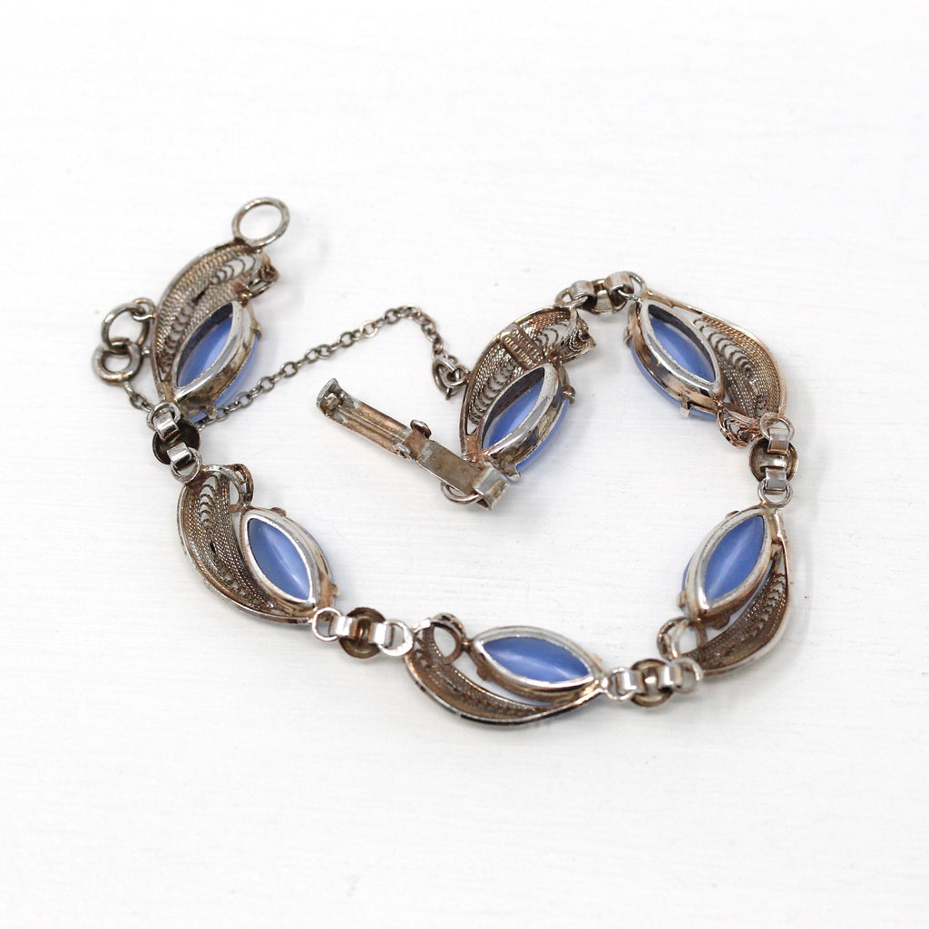 Vintage Jewelry Set - Mid Century Sterling Silver Simulated Moonstone - Circa 1950s Screw Back Earrings Bracelet Cannetille Filigree Jewelry