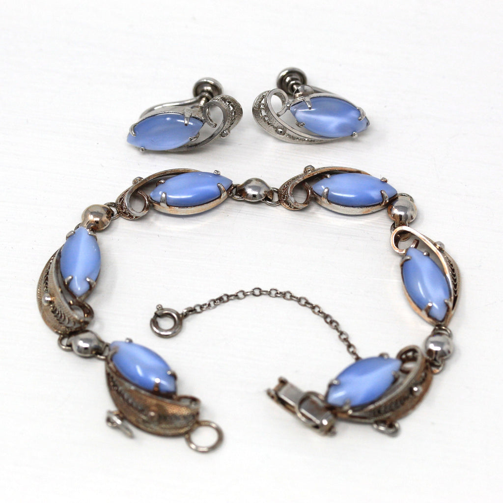 Vintage Jewelry Set - Mid Century Sterling Silver Simulated Moonstone - Circa 1950s Screw Back Earrings Bracelet Cannetille Filigree Jewelry
