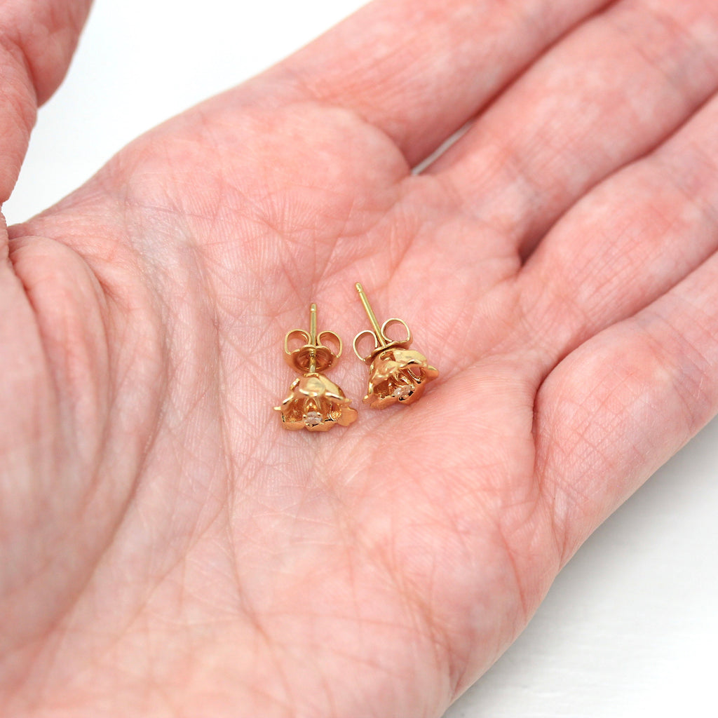 Diamond Flower Earrings - Modern 14k Yellow Gold Genuine .06 CTW Gemstone Studs - Estate Circa 2000's Era Floral April Birthstone Jewelry