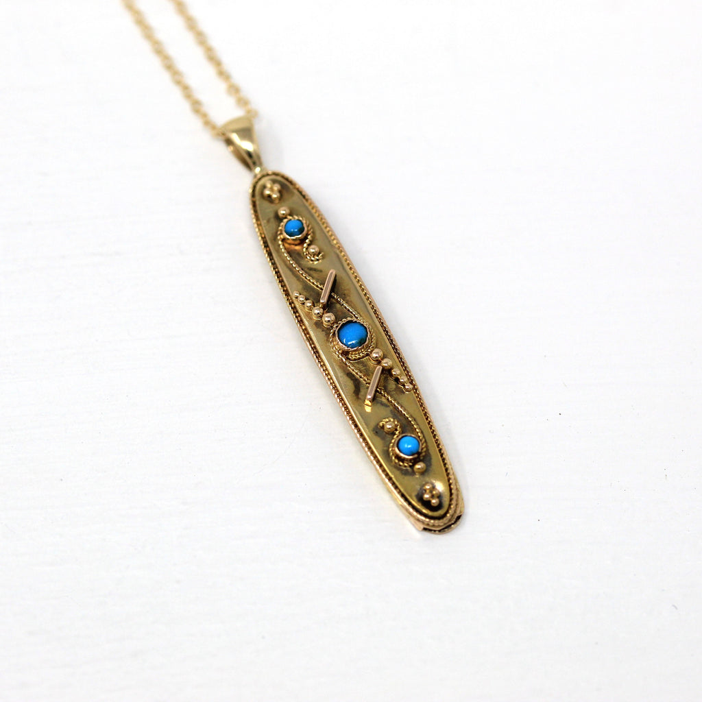 Genuine Turquoise Pendant - Victorian 14k Yellow Gold Engraved "FR Dec 25 84" Necklace - Antique Dated 1884 Etruscan Revival Style Jewelry