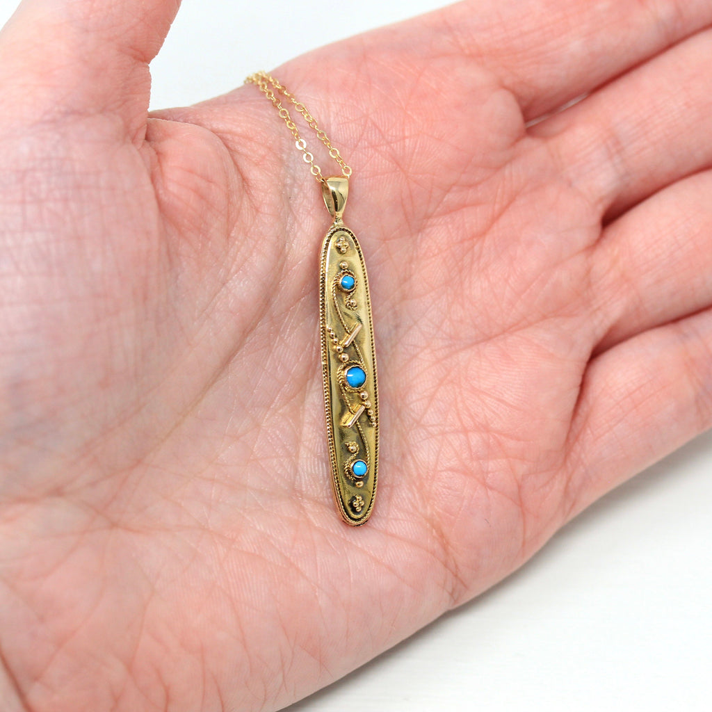 Genuine Turquoise Pendant - Victorian 14k Yellow Gold Engraved "FR Dec 25 84" Necklace - Antique Dated 1884 Etruscan Revival Style Jewelry
