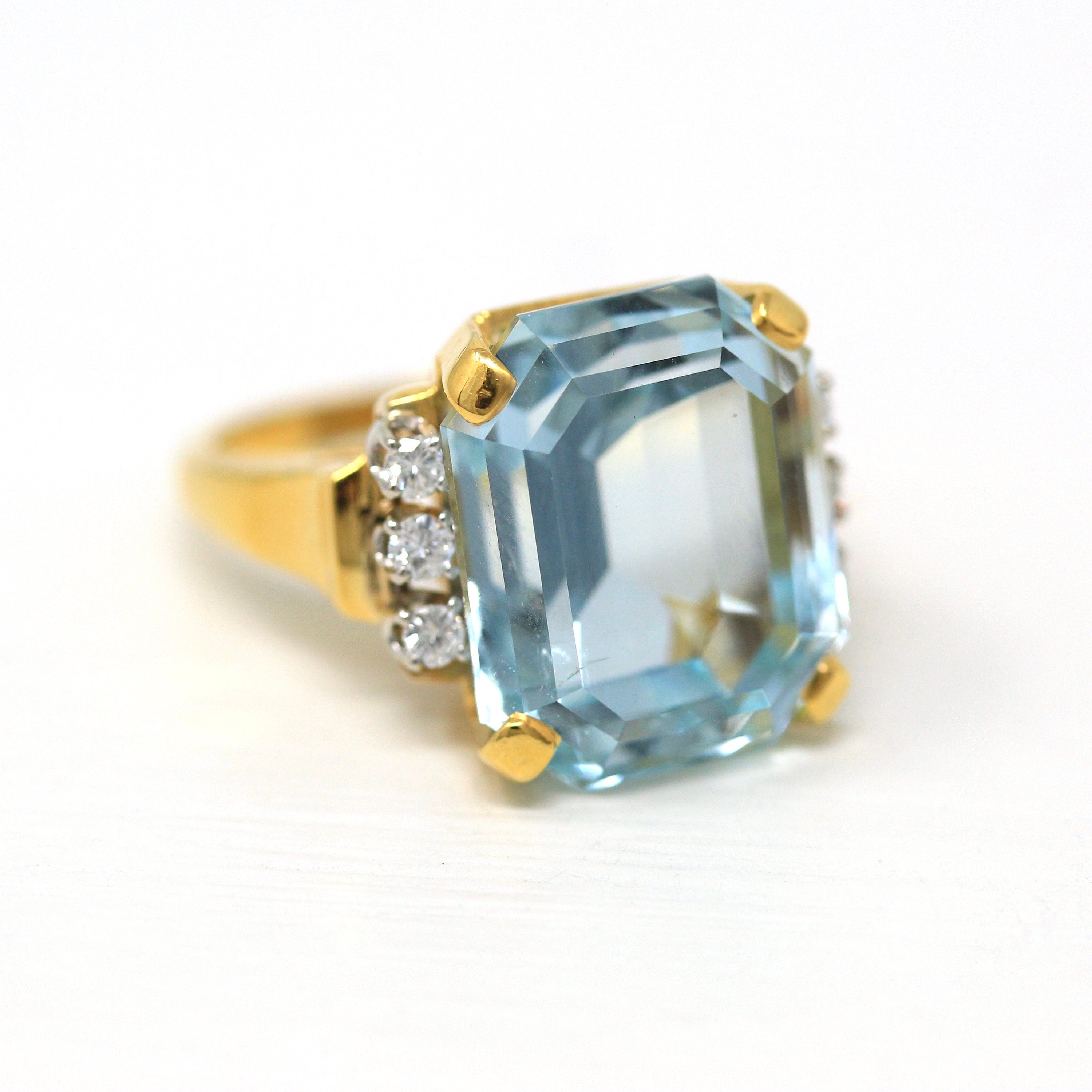 Aquamarine & Diamond Ring - Estate 14k Yellow Gold Emerald Cut 16.07 CT Blue Gemstone - Modern Size 6 3/4 Diamond Fine Cocktail Jewelry