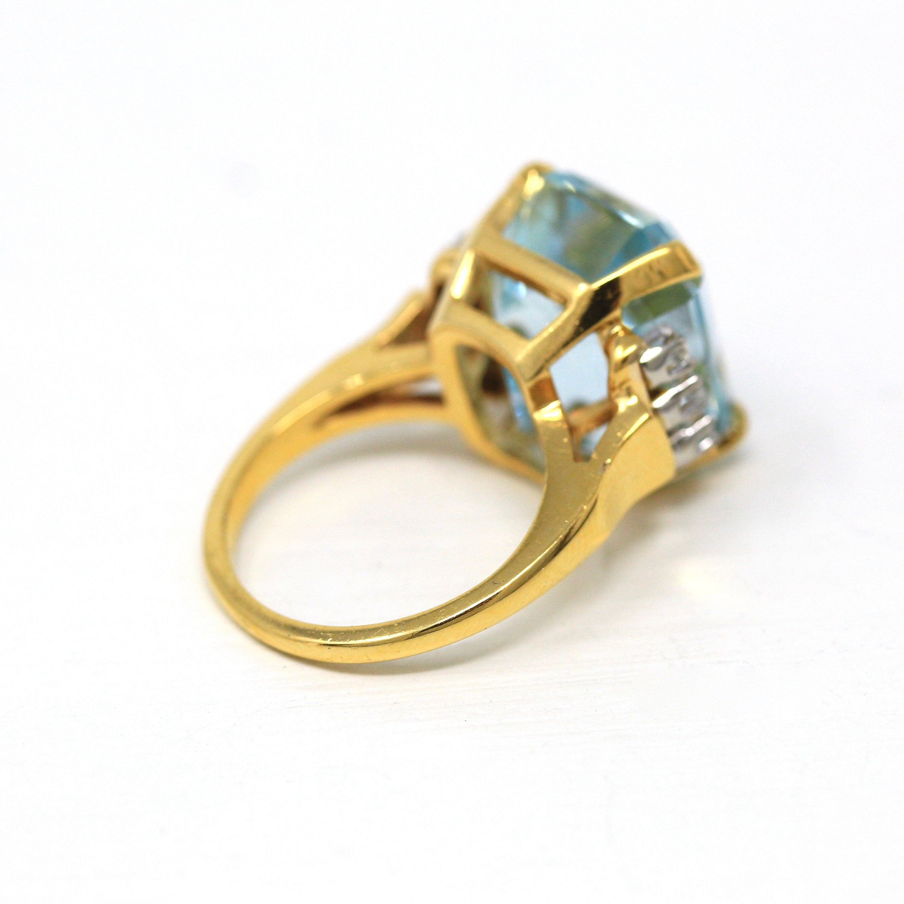 Aquamarine & Diamond Ring - Estate 14k Yellow Gold Emerald Cut 16.07 CT Blue Gemstone - Modern Size 6 3/4 Diamond Fine Cocktail Jewelry