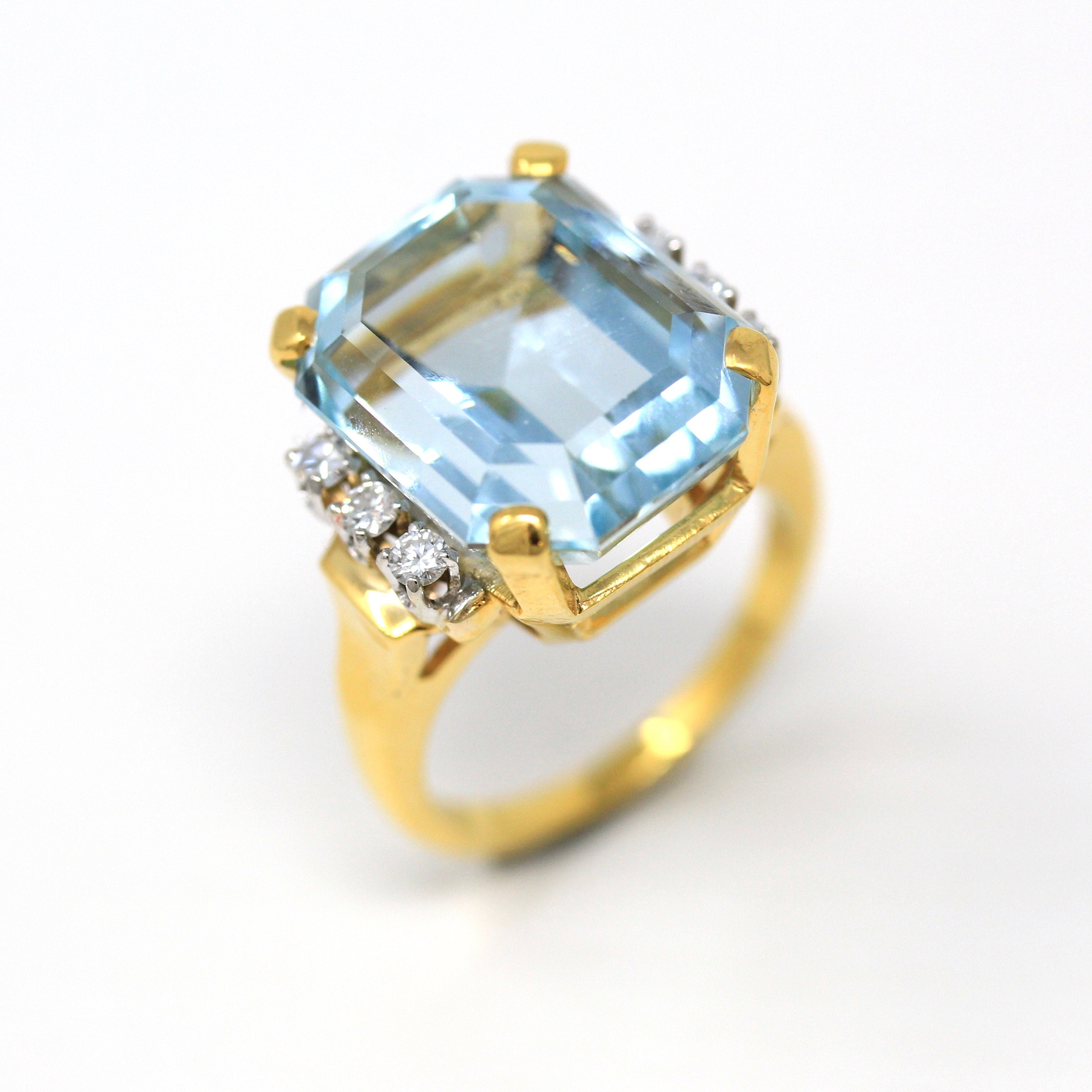 Aquamarine & Diamond Ring - Estate 14k Yellow Gold Emerald Cut 16.07 CT Blue Gemstone - Modern Size 6 3/4 Diamond Fine Cocktail Jewelry