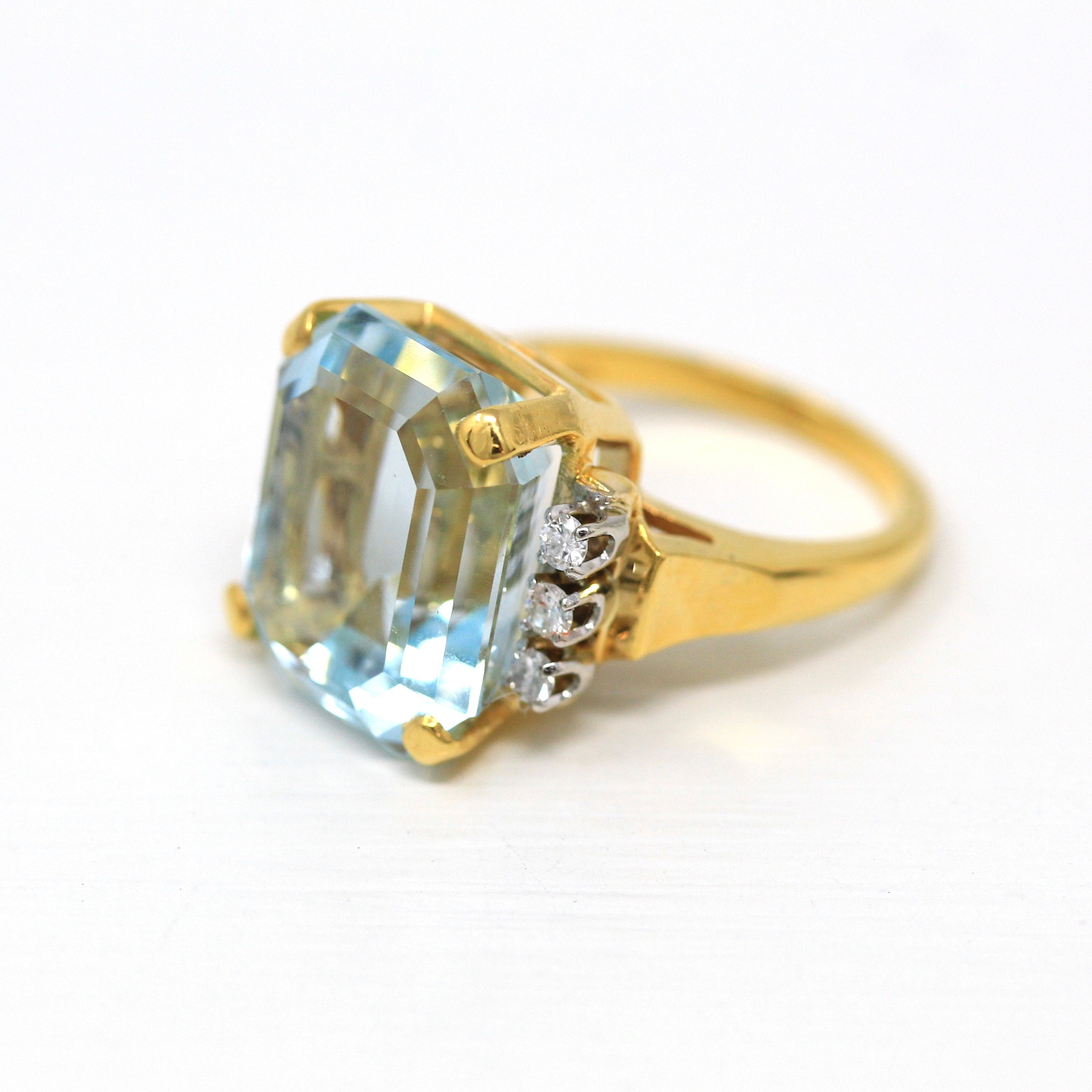 Aquamarine & Diamond Ring - Estate 14k Yellow Gold Emerald Cut 16.07 CT Blue Gemstone - Modern Size 6 3/4 Diamond Fine Cocktail Jewelry